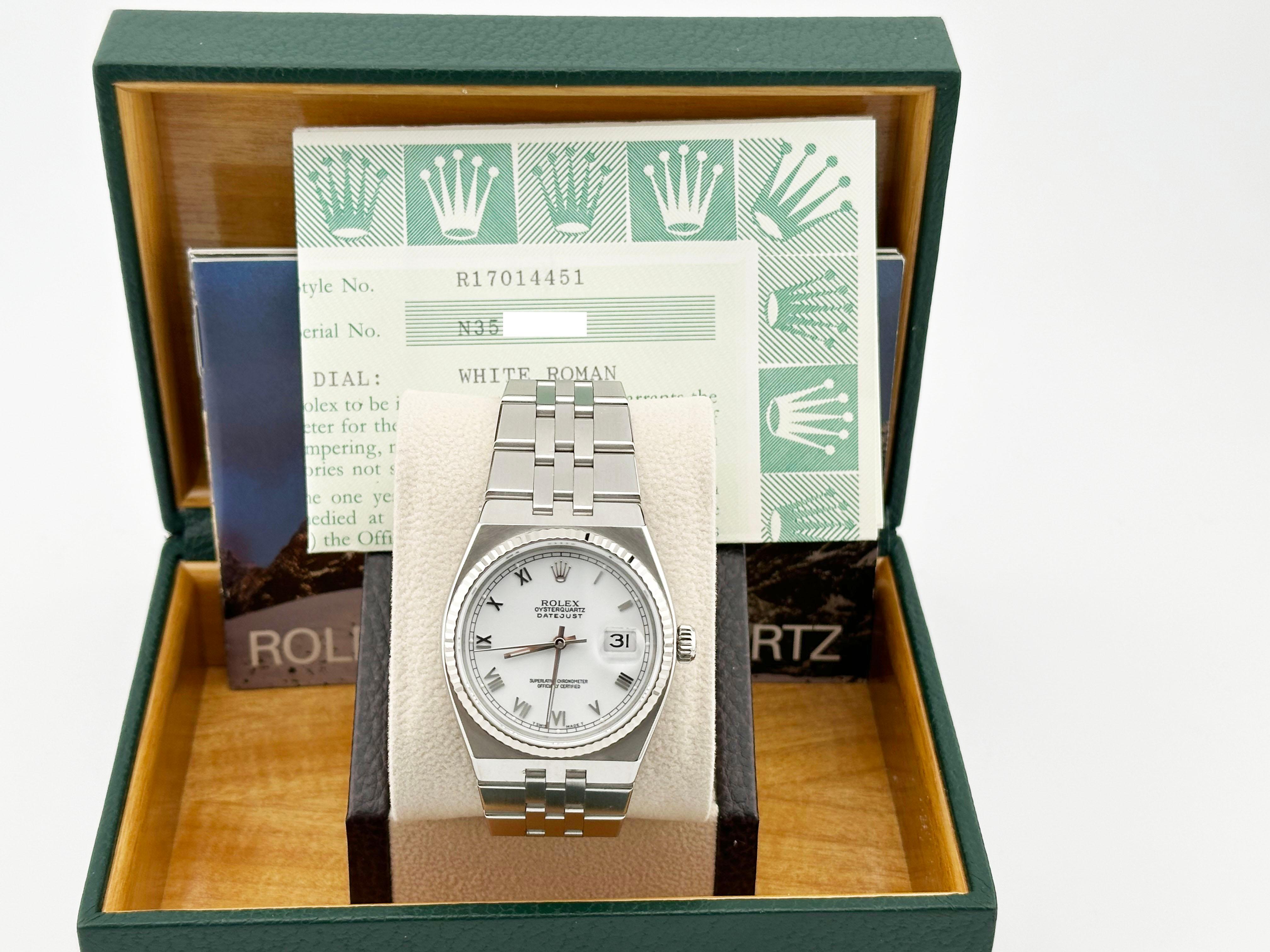 Style Number: 17014



Serial: N357***



Year: 1991

 

Model: Rolex Datejust Oysterquartz 

 

Case Material: Stainless Steel 

 

Band: Stainless Steel 

 

Bezel: 18K White Gold Bezel 

 

Dial: White 

 

Face: Sapphire Crystal 

 

Case Size: