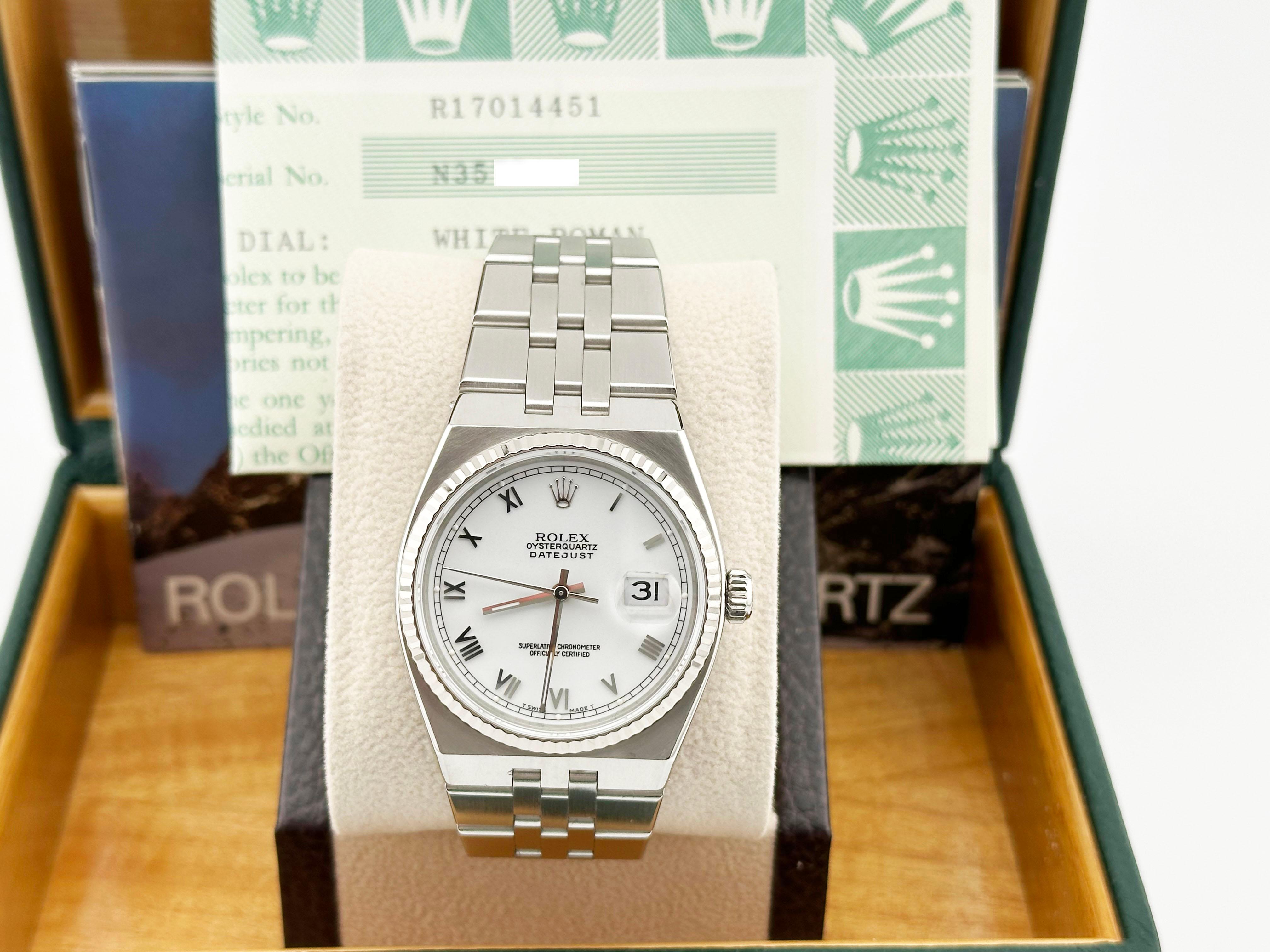 Rolex Datejust Oysterquartz 17014 White Dial Stainless Steel Box Paper 36mm In Excellent Condition In San Diego, CA