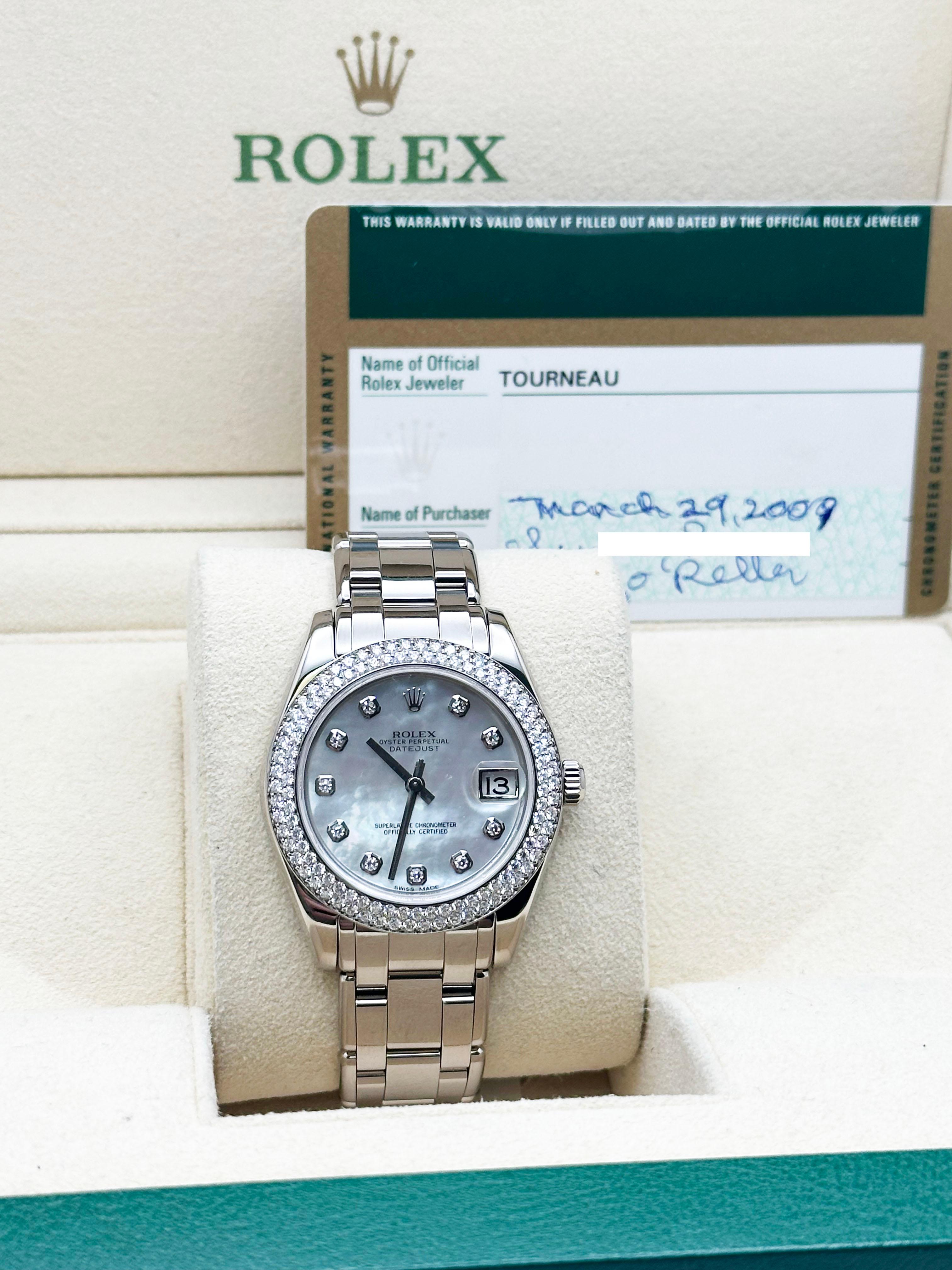 Rolex Datejust Pearlmaster 81339 34mm MOP Diamond Dial Bezel 18K Gold Box Paper For Sale 6