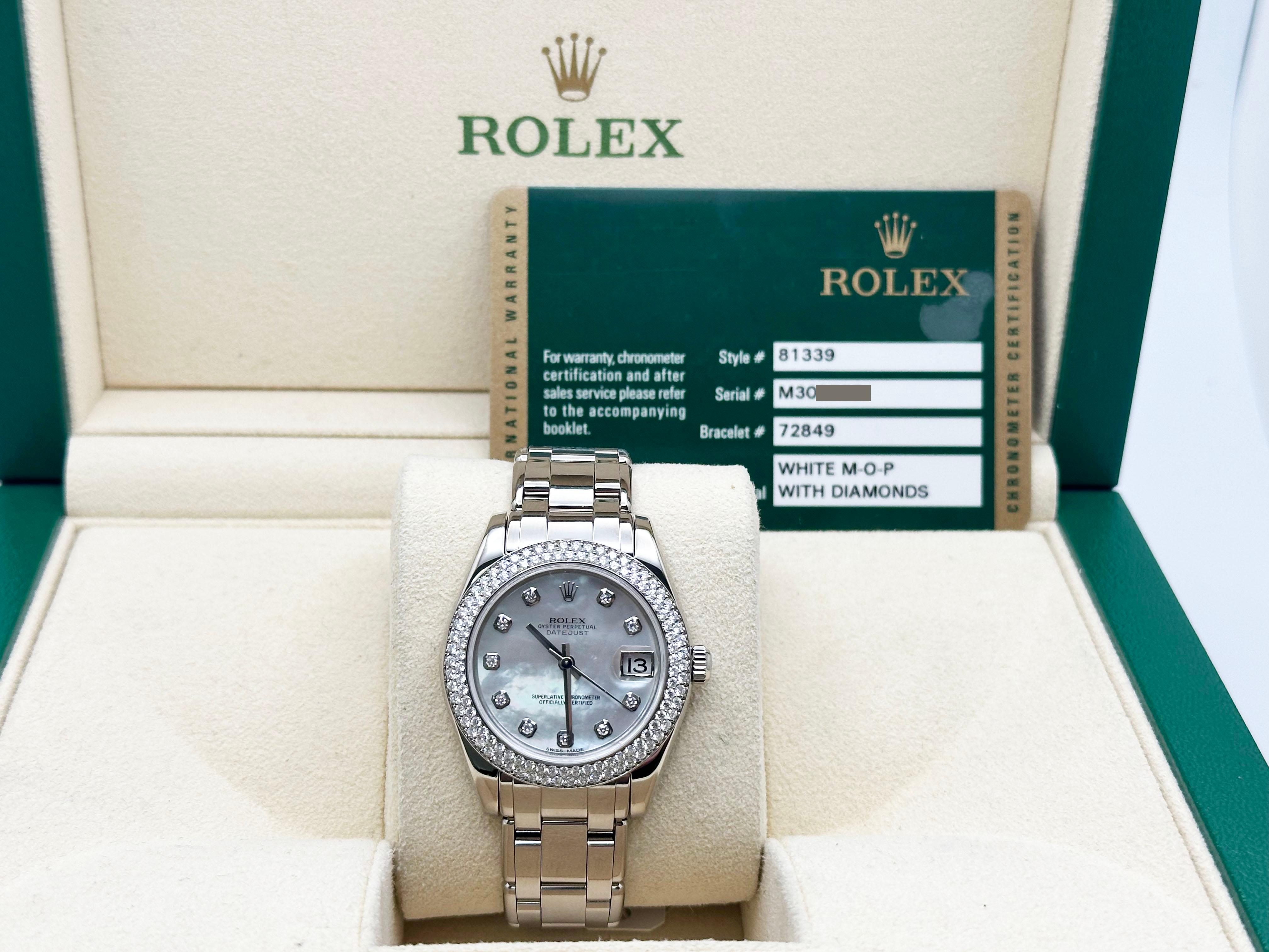 Rolex Datejust Pearlmaster 81339 34mm MOP Diamond Dial Bezel 18K Gold Box Paper For Sale 4
