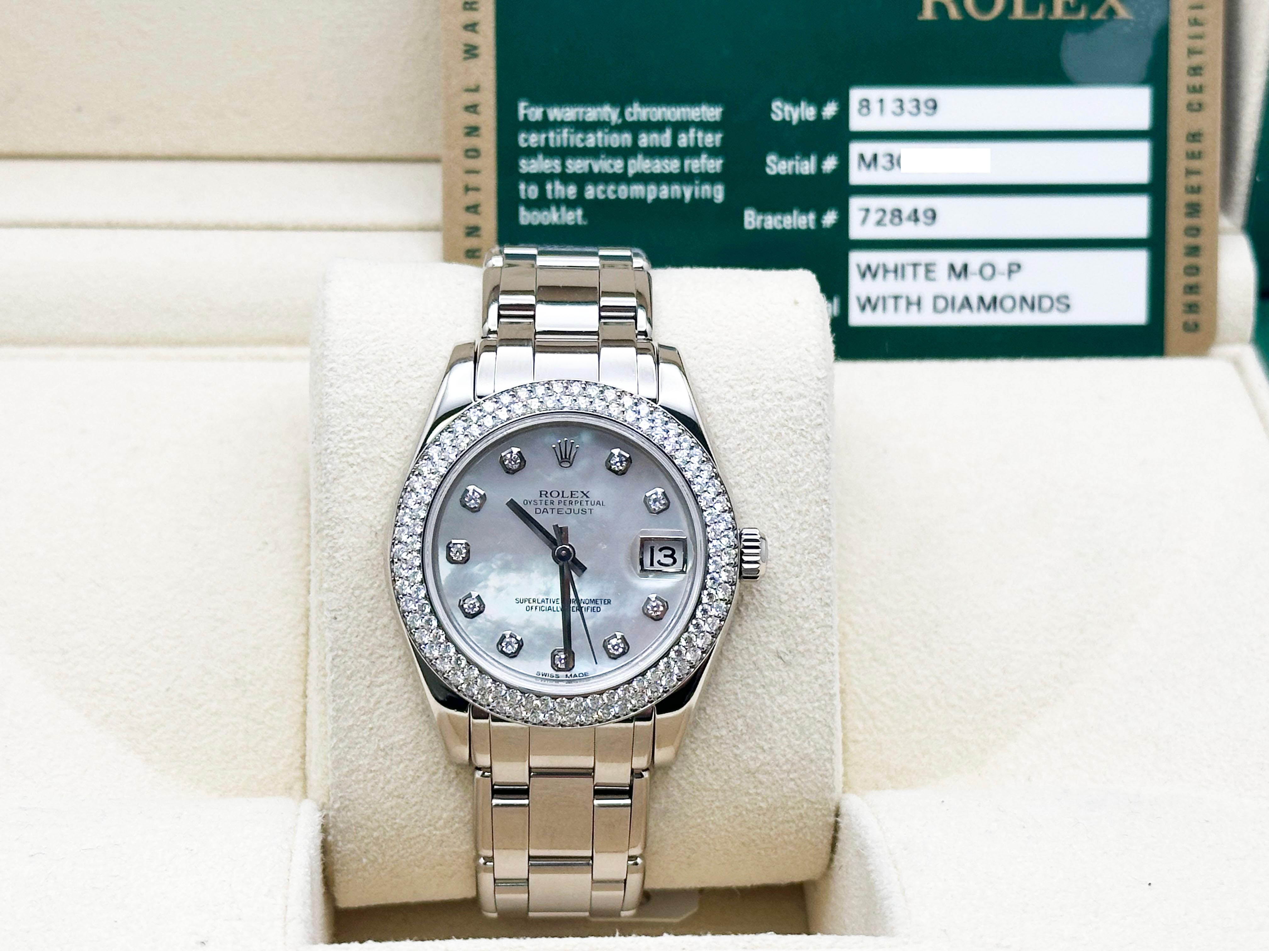 Rolex Datejust Pearlmaster 81339 34mm MOP Diamond Dial Bezel 18K Gold Box Paper For Sale 5