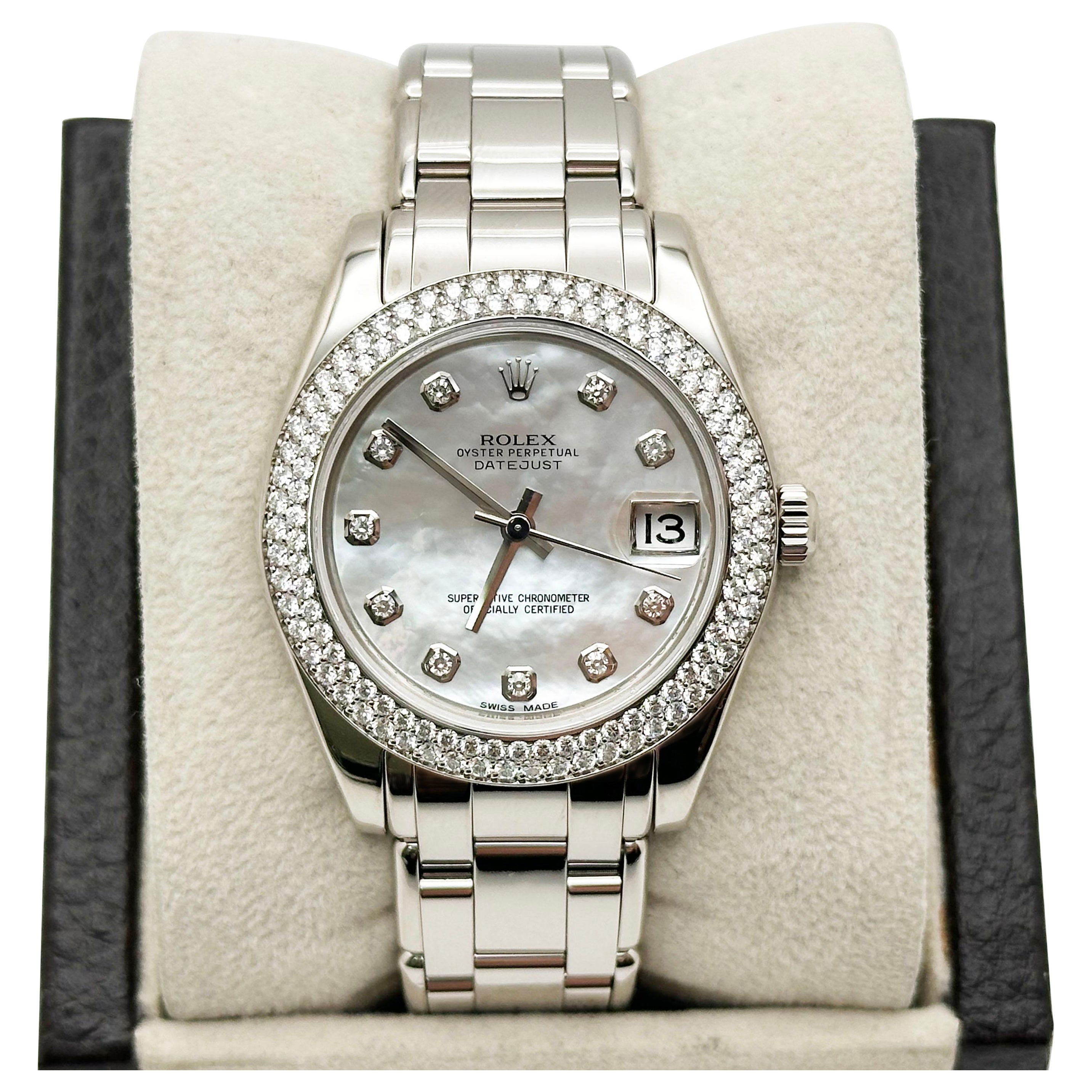 Rolex Datejust Pearlmaster 81339 34mm MOP Diamond Dial Bezel 18K Gold Box Paper For Sale