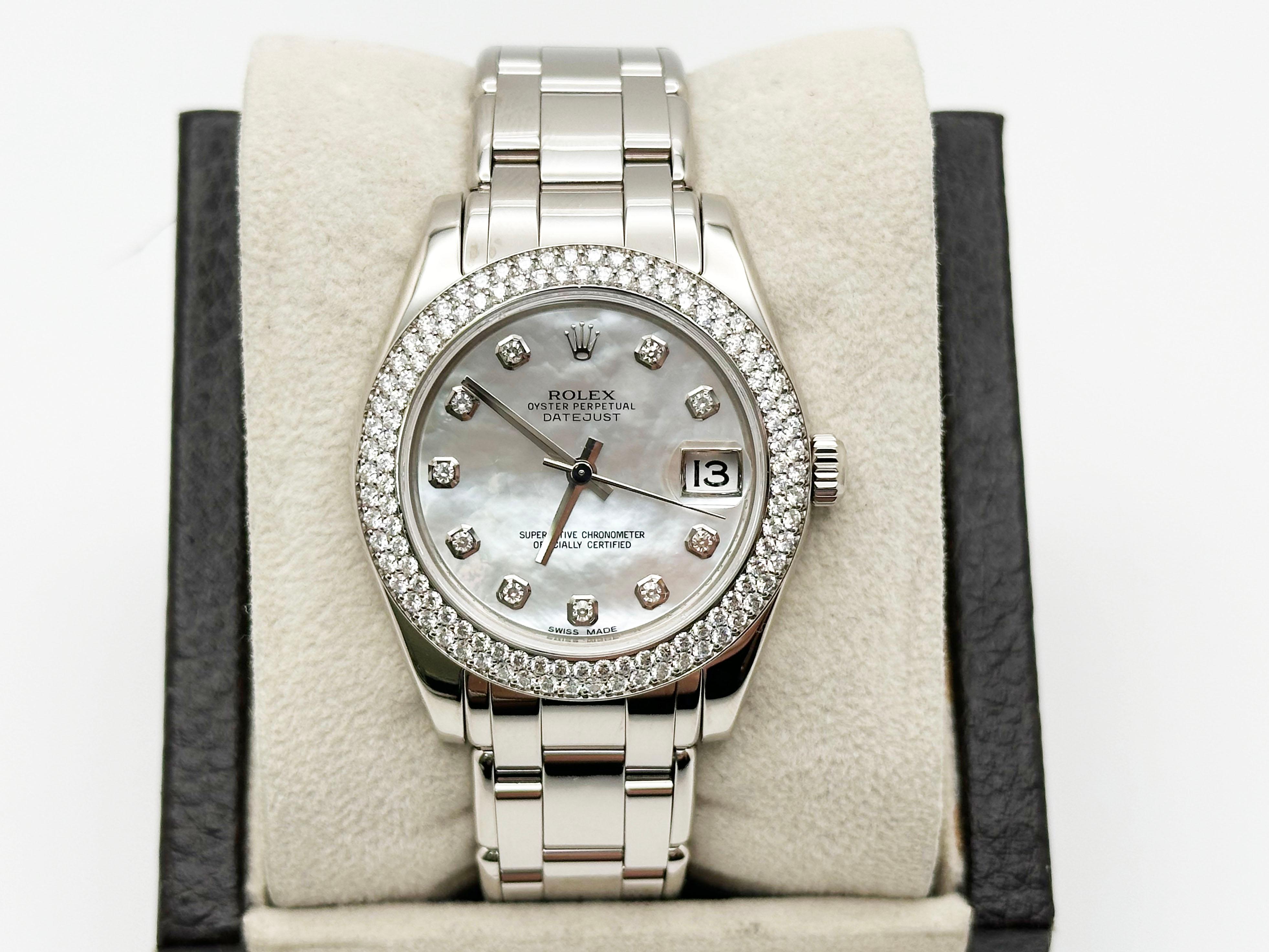 Style Number: 81339



Serial: M309***



Year: 2007

 

Model: Rolex Datejust Pearlmaster 

 

Case Material: 18K White Gold 

 

Band: 18K White Gold 

  

Bezel: Original Diamond Bezel 

  

Dial: Original White Mother of Pearl Diamond Dial 

