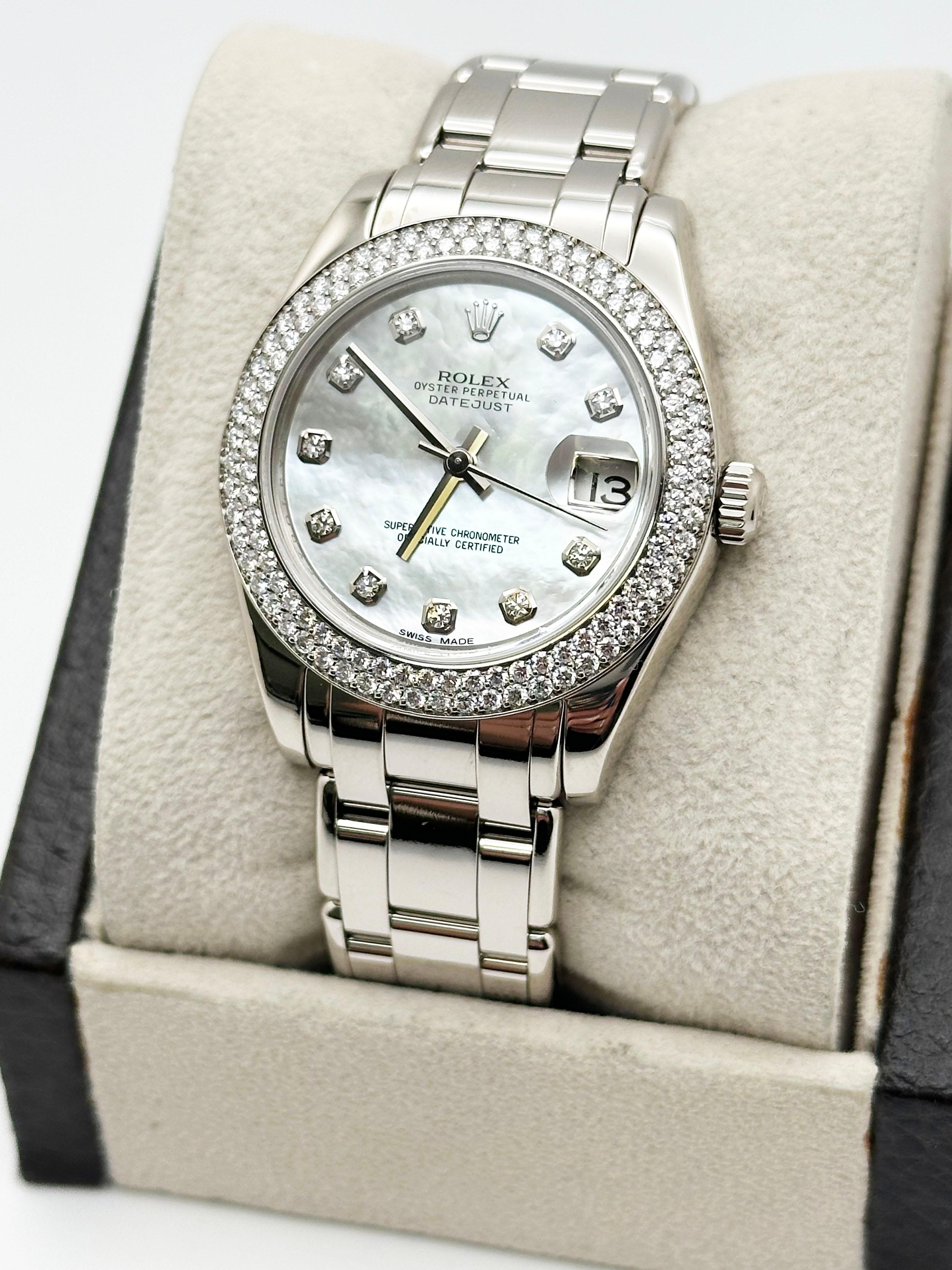 Rolex Datejust Pearlmaster 81339 34mm MOP Diamond Dial Bezel 18K White Gold Box In Excellent Condition For Sale In San Diego, CA