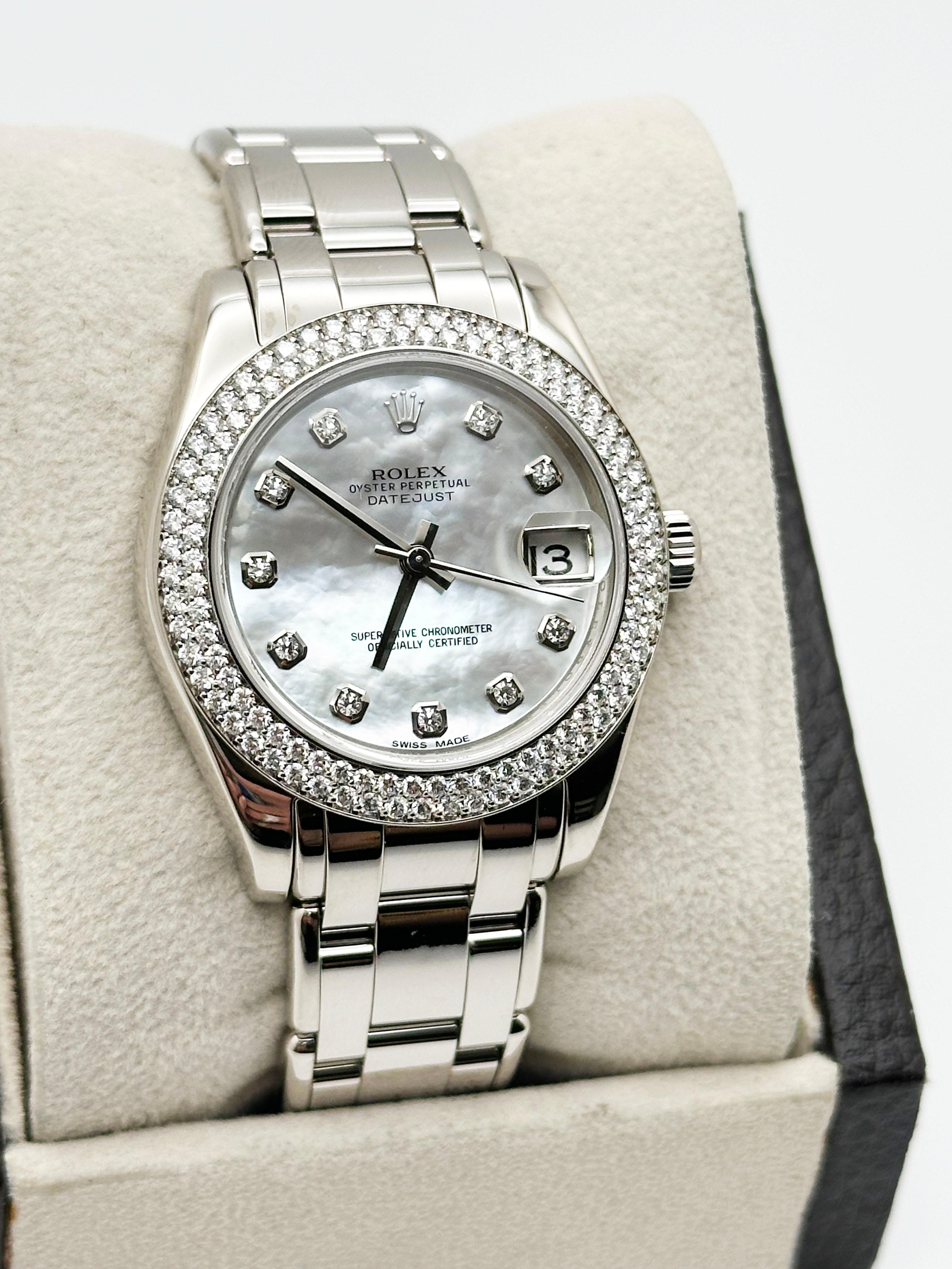 Women's or Men's Rolex Datejust Pearlmaster 81339 34mm MOP Diamond Dial Bezel 18K White Gold Box For Sale