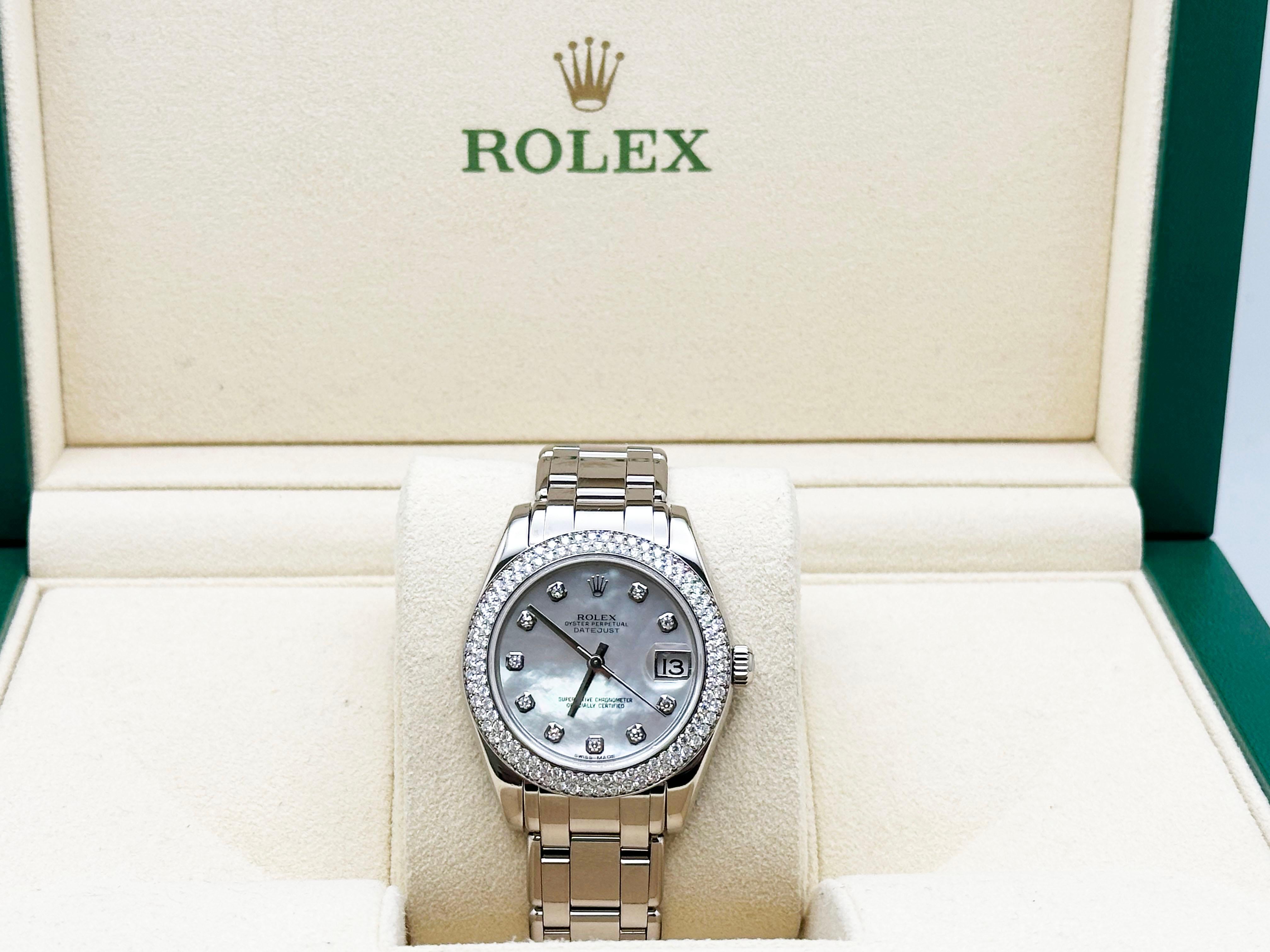 Rolex Datejust Pearlmaster 81339 34mm MOP Diamond Dial Bezel 18K White Gold Box For Sale 3