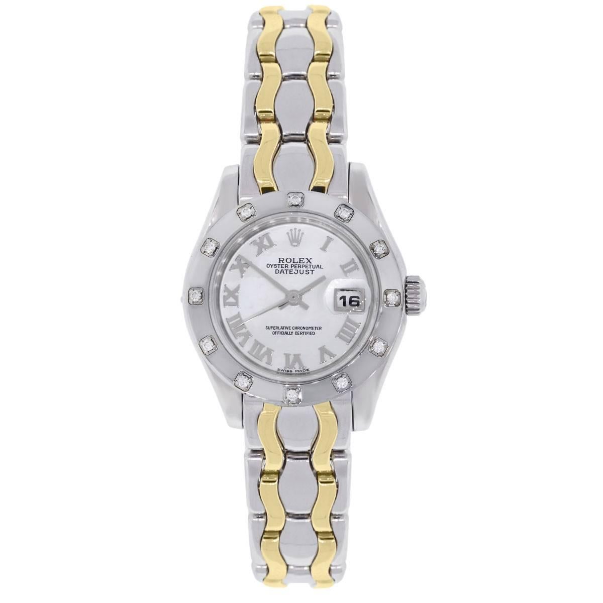 Brand: Rolex
MPN: 80319
Model: Datejust Pearlmaster
Case Material: 18k white gold
Case Diameter: 29mm
Crystal: Scratch resistant sapphire
Bezel: 18k white gold diamond bezel (factory)
Dial: Mother of pearl roman dial with date window at the 3