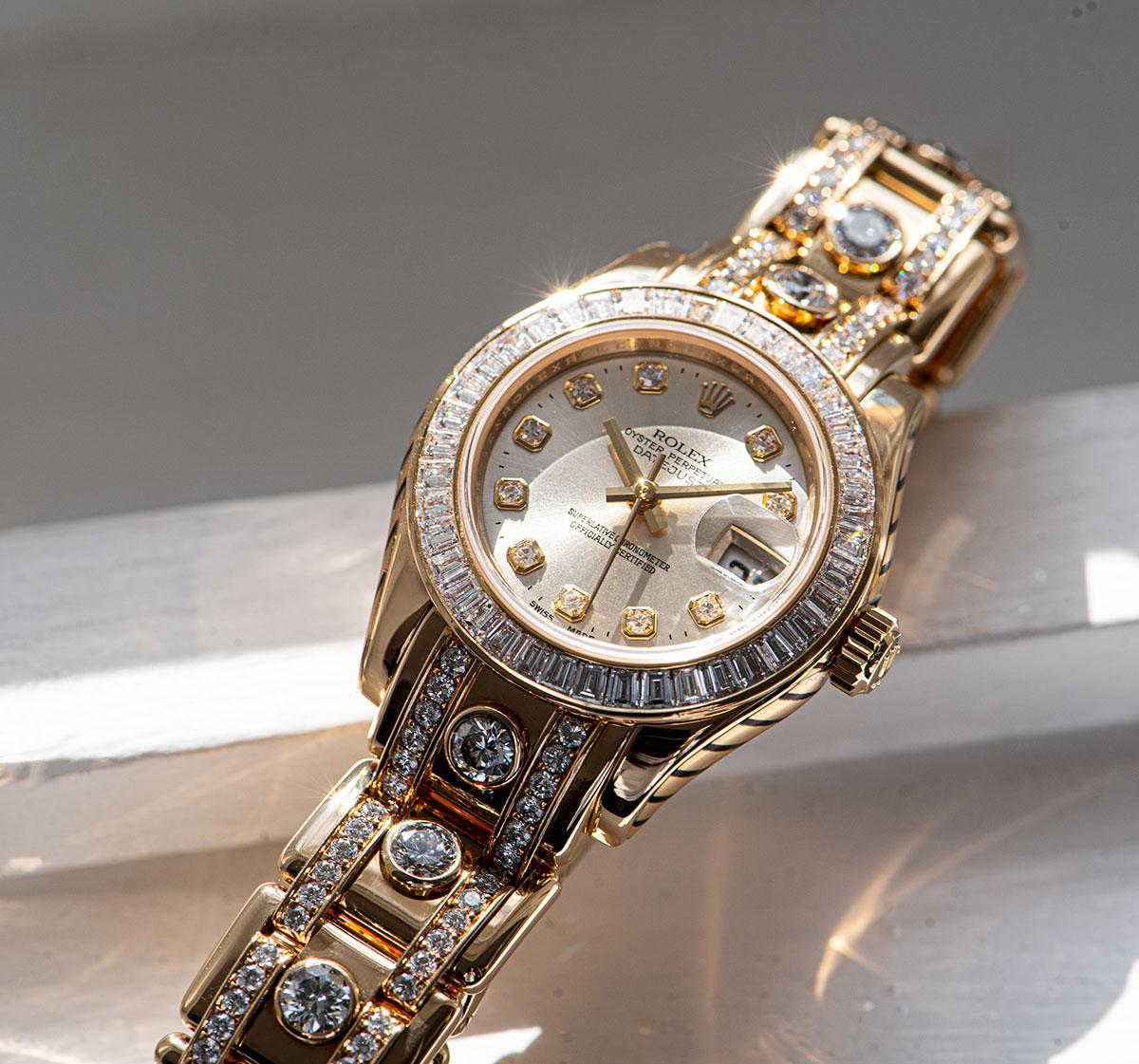 Women's Rolex Datejust Pearlmaster Ladies 18 Karat Silver Dial Diamond Set 80308BR For Sale