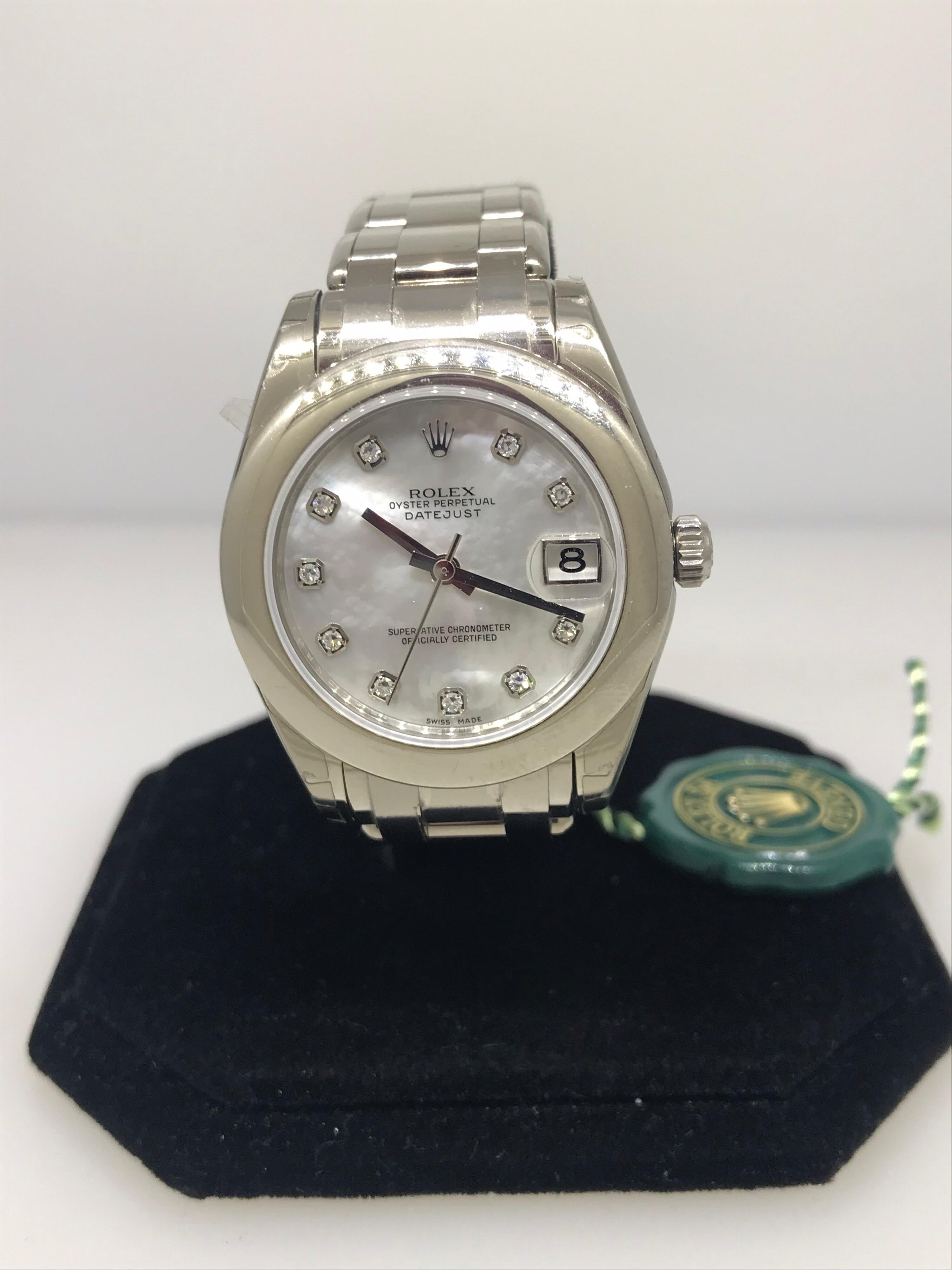 Rolex Datejust Pearlmaster Ladies Watch

Model Number: 81209

100% Authentic

Brand New

Comes with original Rolex box, warranty card and instruction manual

18 Karat White Gold Case & Bracelet

Domed Bezel

Mother of Pearl Dial

Diamond Hour