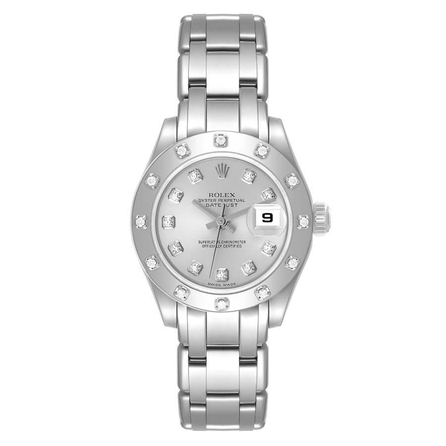 Rolex Datejust Pearlmaster White Gold Diamond Ladies Watch 80319 Box Papers. Officially certified chronometer automatic self-winding movement with quickset date function. 18k white gold oyster case 29.0 mm in diameter. Rolex logo on the crown. 18k