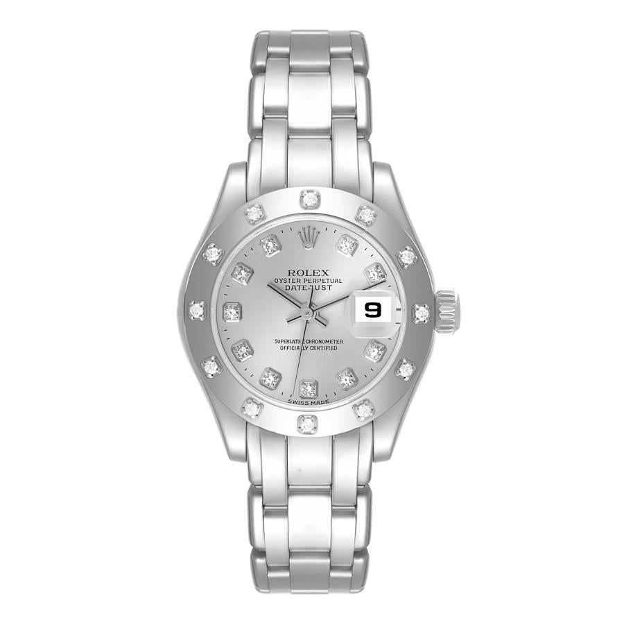 Rolex Datejust Pearlmaster White Gold Diamond Ladies Watch 80319. Officially certified chronometer automatic self-winding movement with quickset date function. 18k white gold oyster case 29.0 mm in diameter. Rolex logo on the crown. 18k white gold