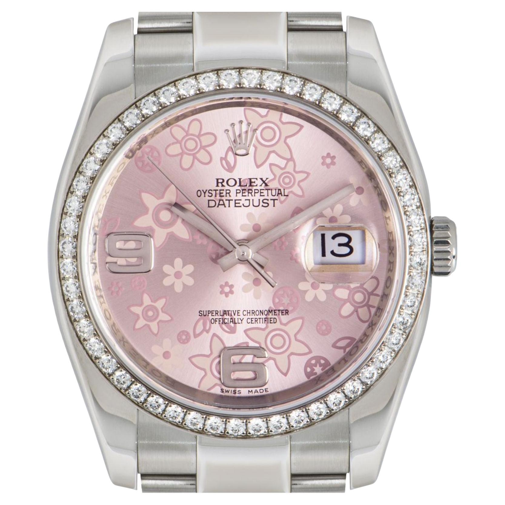 A stainless steel 36mm Datejust by Rolex, featuring a pink floral dial and bezel which is set with 52 round brilliant cut diamonds. The Oyster bracelet is equipped with a folding Oysterclasp. Fitted with sapphire crystal and a self-winding automatic