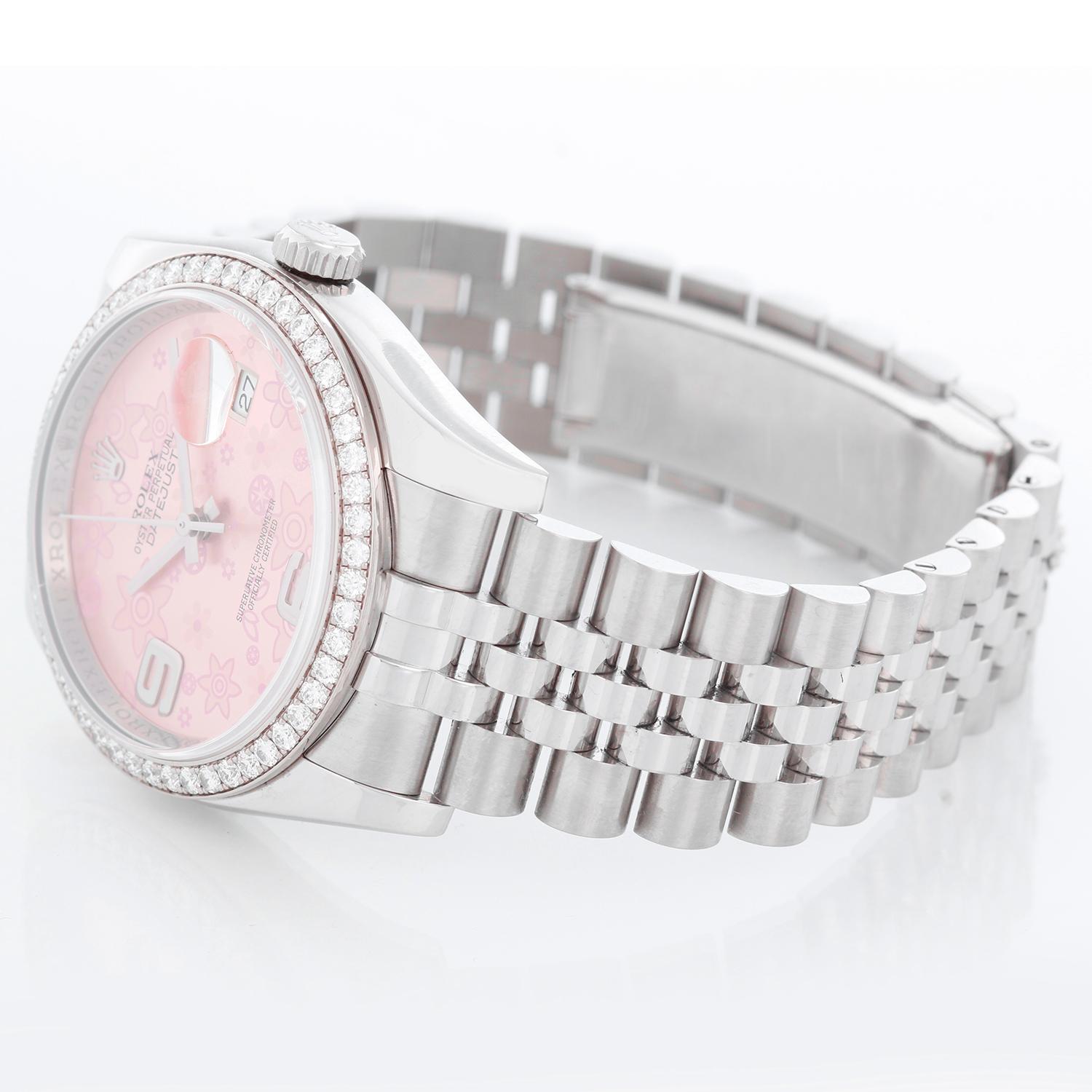 Rolex Datejust Pink Flower Arabic Diamond Bezel Ladies Steel Watch 116244 - Automatic winding, 31 jewels, Quickset, sapphire crystal. Stainless steel case with factory 52 diamond and 18k white gold bezel  (36mm diameter). Pink flower dial with