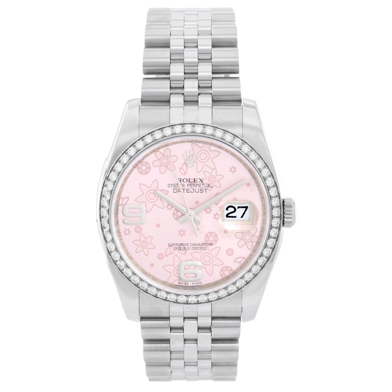 Rolex Datejust Pink Flower Arabic Diamond Bezel Ladies Steel Watch 116244