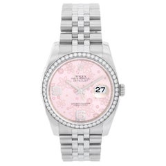 Rolex Datejust Pink Flower Arabic Diamond Bezel Ladies Steel Watch 116244