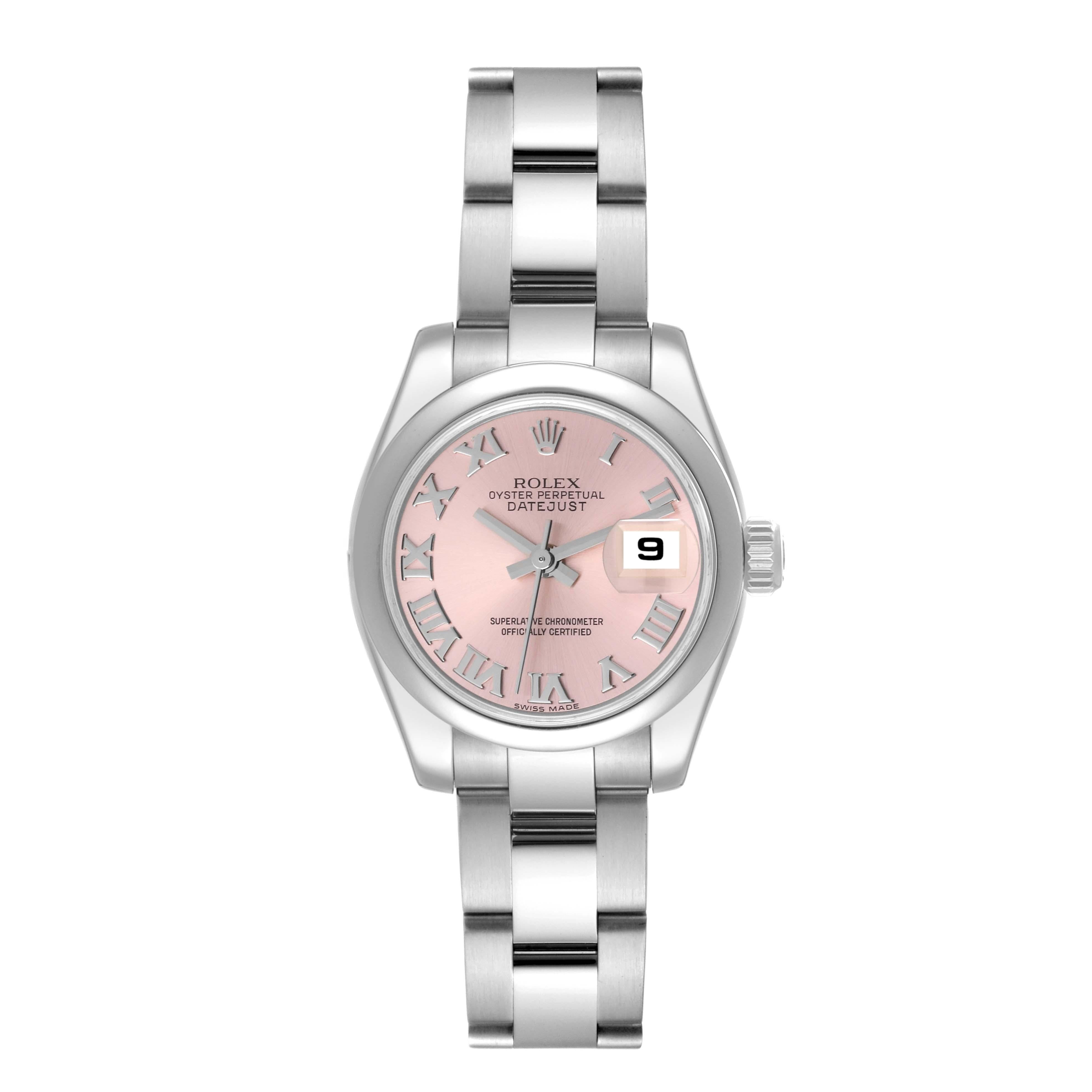 Rolex Datejust Pink Roman Dial Steel Ladies Watch 179160 Box Card. Officially certified chronometer self-winding movement with quickset date function. Stainless steel oyster case 26.0 mm in diameter. Rolex logo on a crown. Stainless steel smooth