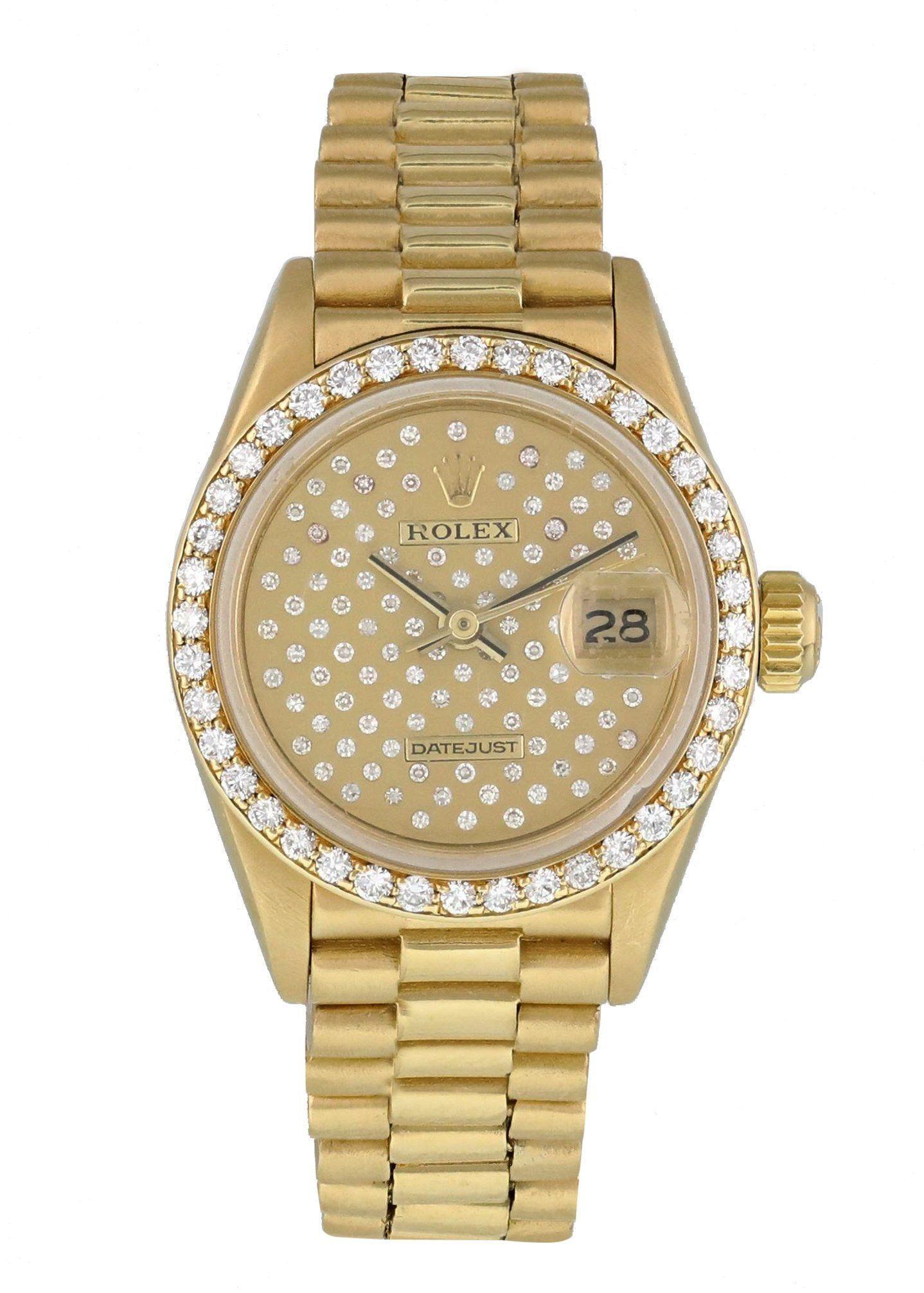 Rolex Datejust  Pleiade Dial 69138 Ladies Watch. 
26mm 18k Yellow Gold case. 
Yellow Gold None bezel. 
Champagne Pleiade Diamond Dial with gold hands and index hour markers. 
Minute markers on the outer dial. 
Date display at the 3 o'clock position.