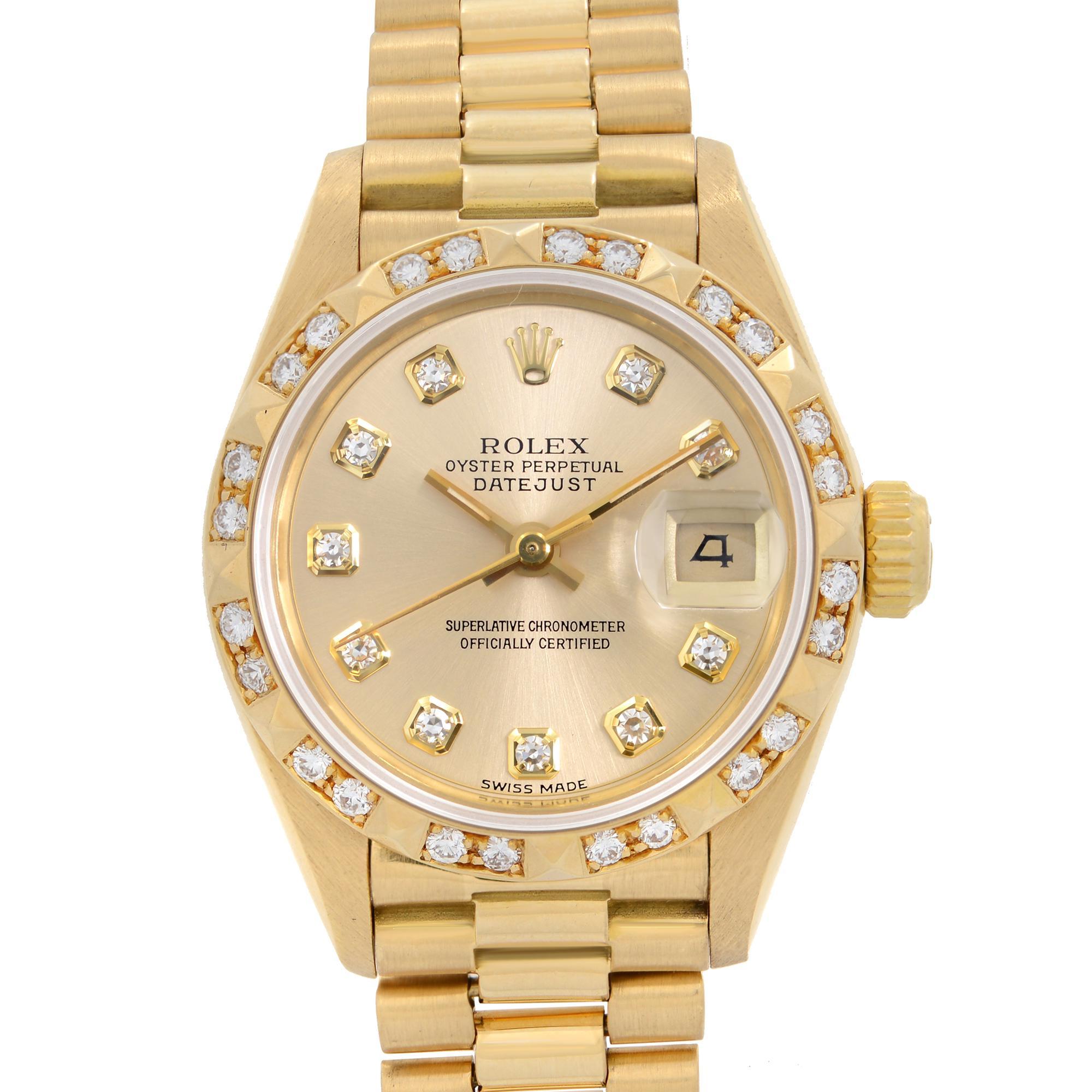 Pre-Owned, Factory Diamond, Bracelet Shows Moderate Slack. Vintage Rolex Datejust President 18K Gold Champagne Diamond Dial Ladies Watch 69258. This Beautiful Ladies Timepiece was Produced in 1989 and is Powered by Mechanical (Automatic) Movement