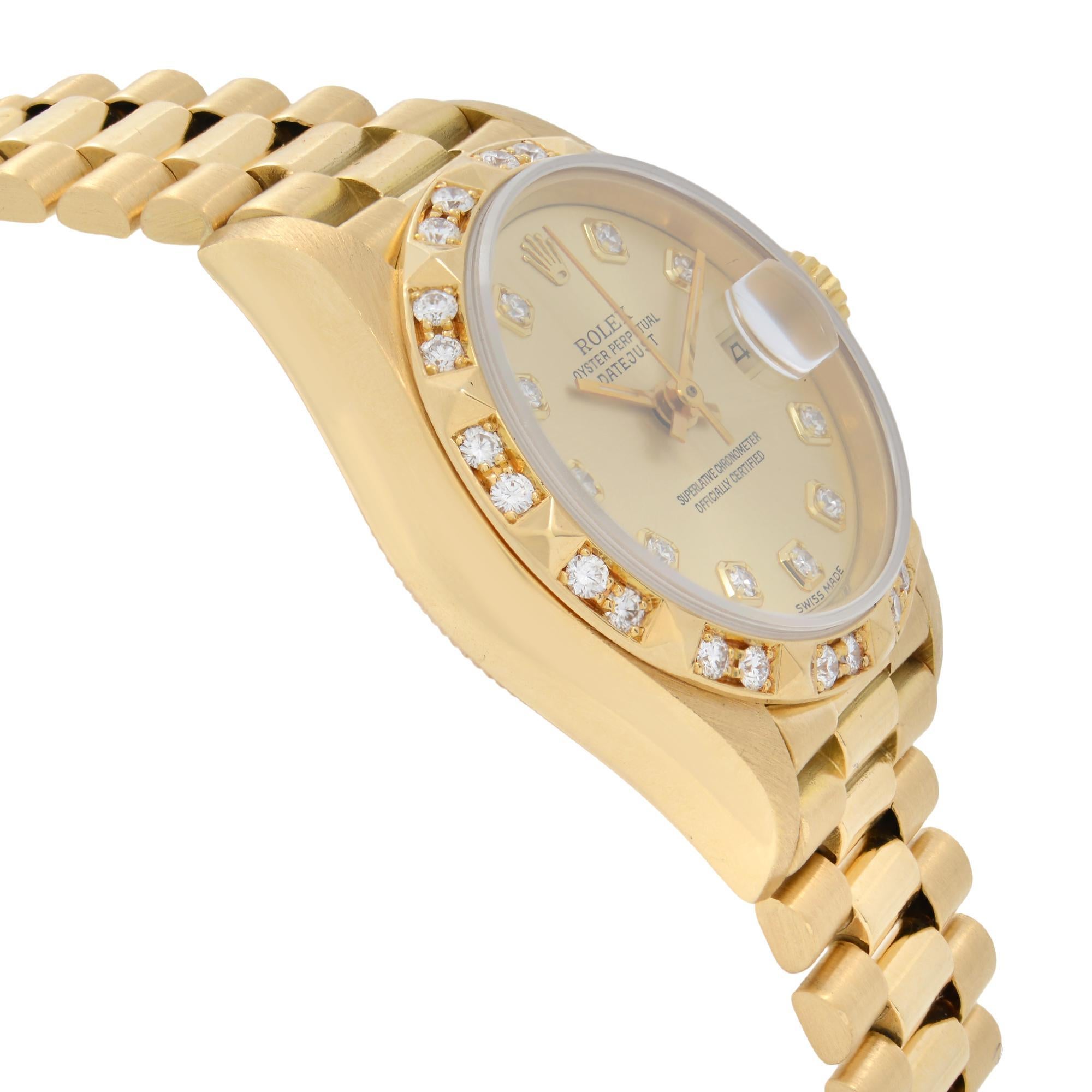Rolex Datejust President 18K Gold Champagne Diamond Dial Ladies Watch 69258 In Excellent Condition In New York, NY
