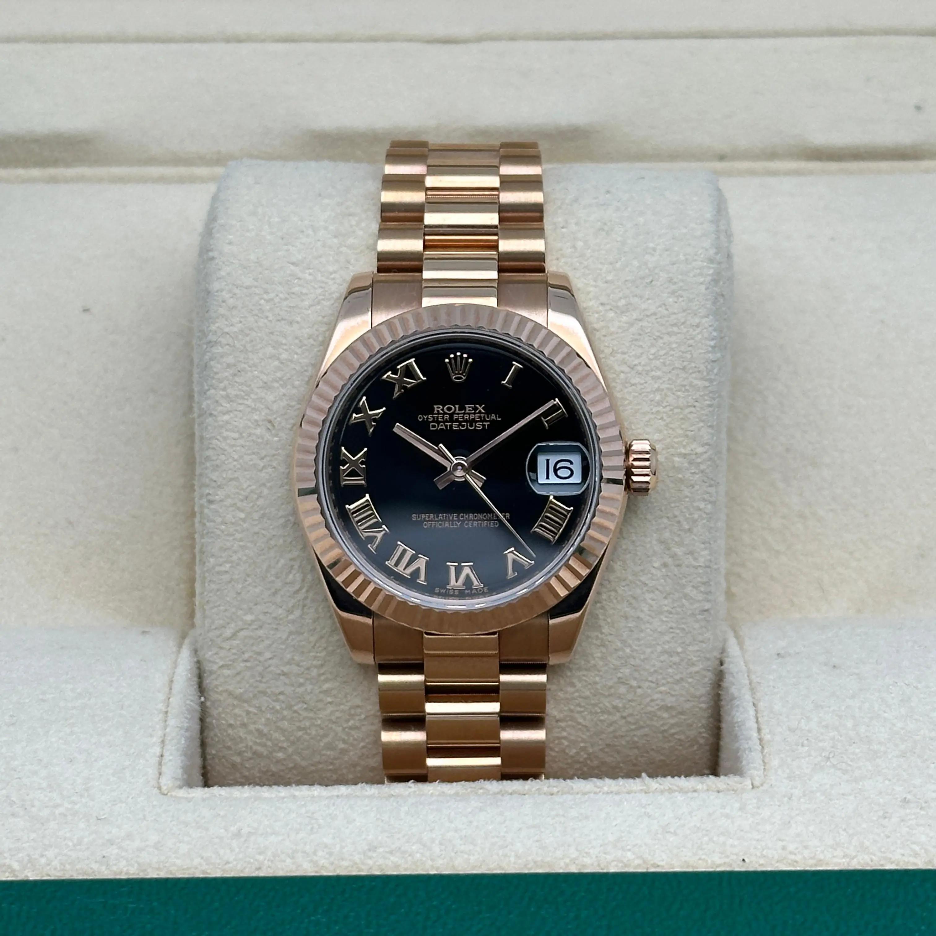 Rolex Datejust President 31 Orologio da donna con quadrante nero in oro rosa 18 carati 178275 In condizioni ottime in vendita a New York, NY