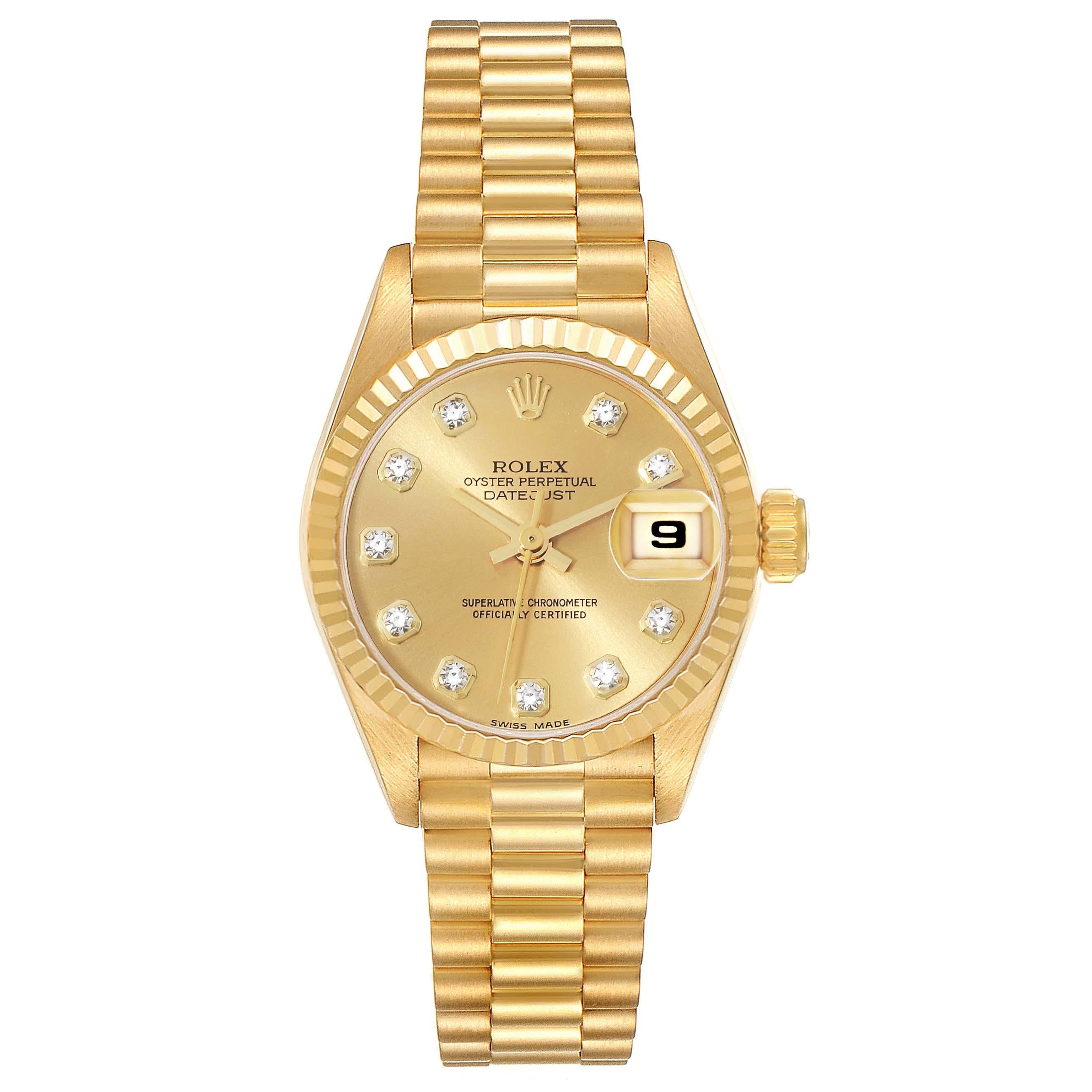 Rolex Datejust President Champagne Diamond Dial Yellow Gold Ladies Watch 69178. Officially certified chronometer automatic self-winding movement. 18k yellow gold oyster case 26.0 mm in diameter. Rolex logo on the crown. 18k yellow gold fluted bezel.