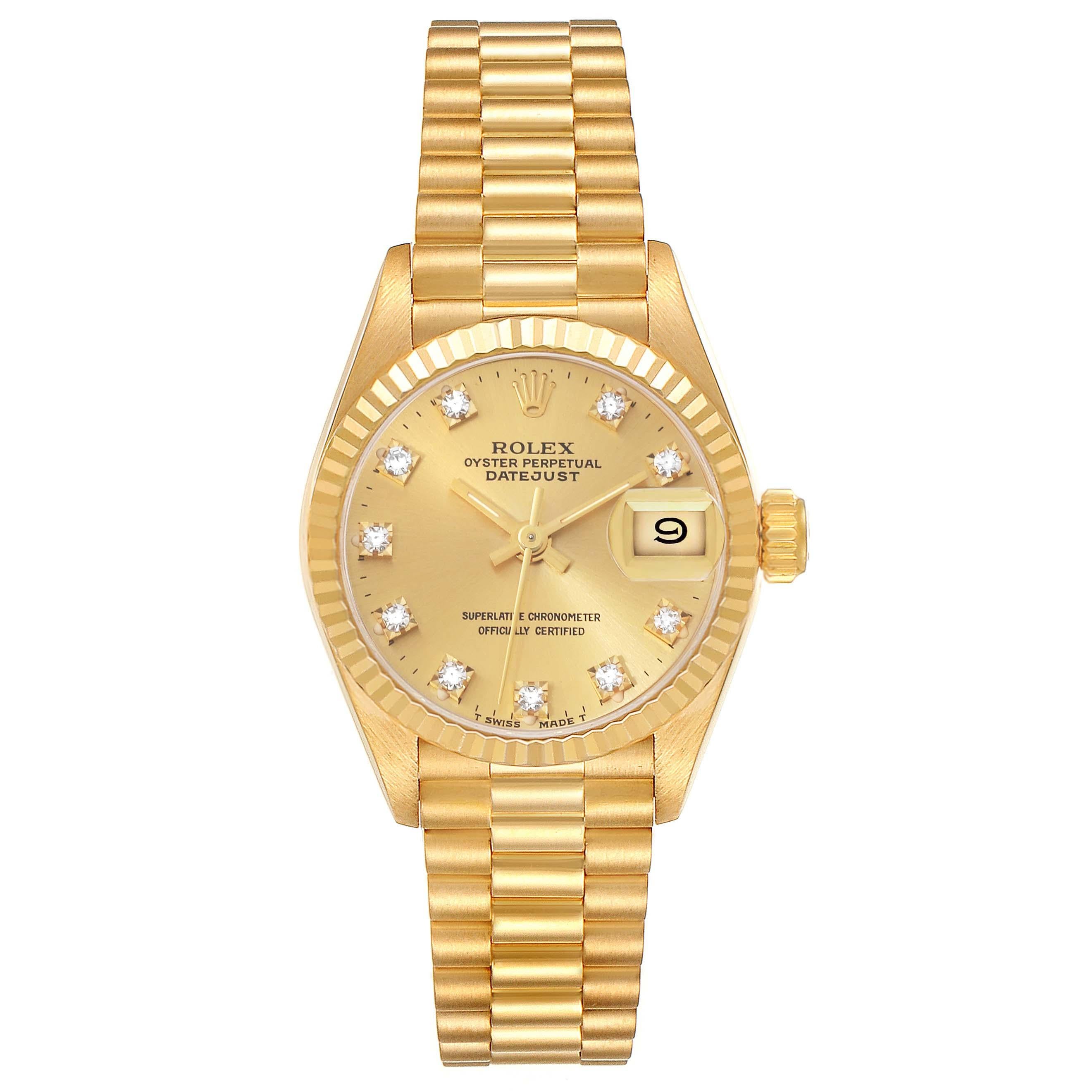 Rolex Datejust President Champagne Diamond Dial Yellow Gold Ladies Watch 69178. Officially certified chronometer automatic self-winding movement. 18k yellow gold oyster case 26.0 mm in diameter. Rolex logo on the crown. 18k yellow gold fluted bezel.