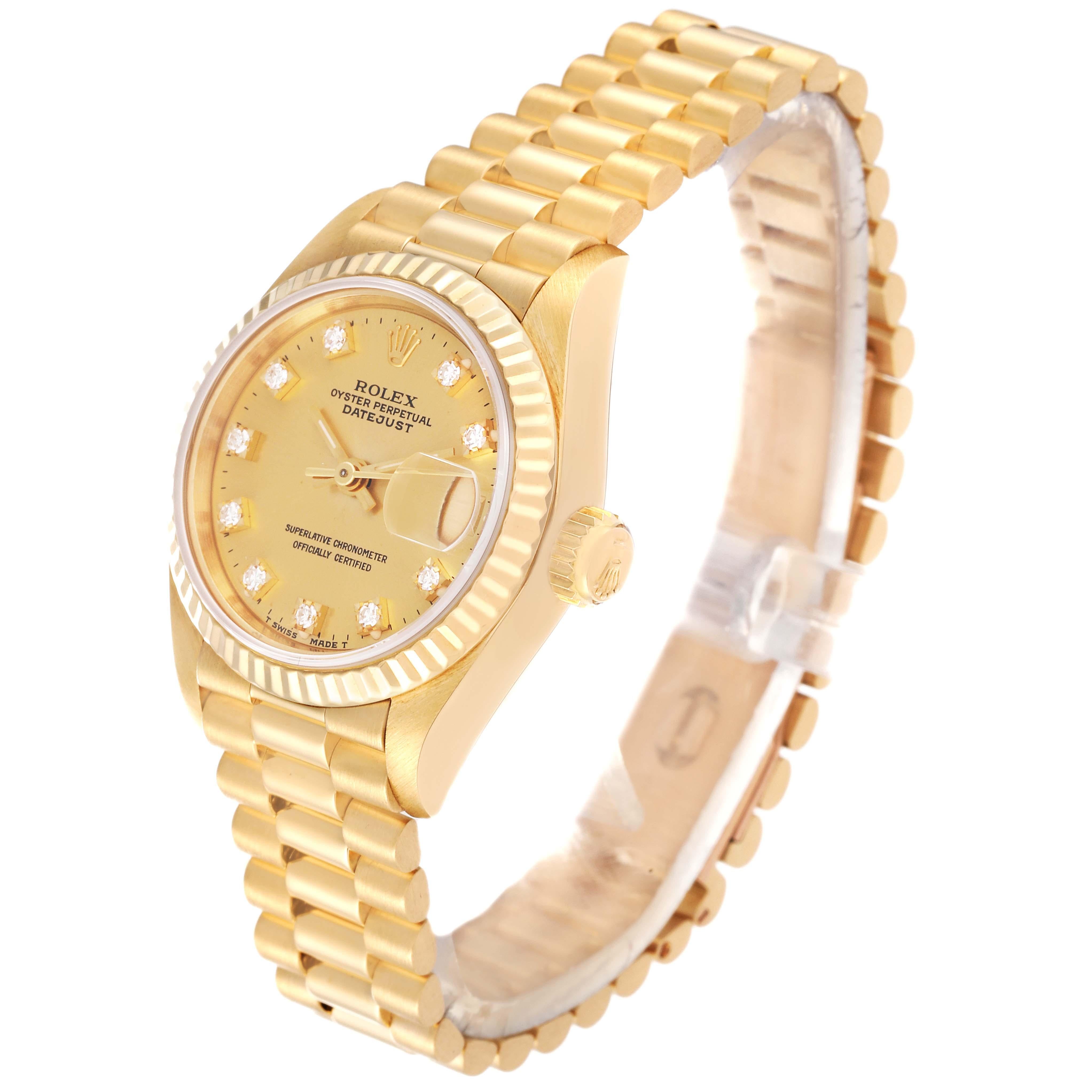 Rolex Datejust President Champagne Diamond Dial Yellow Gold Ladies Watch 69178 In Excellent Condition For Sale In Atlanta, GA