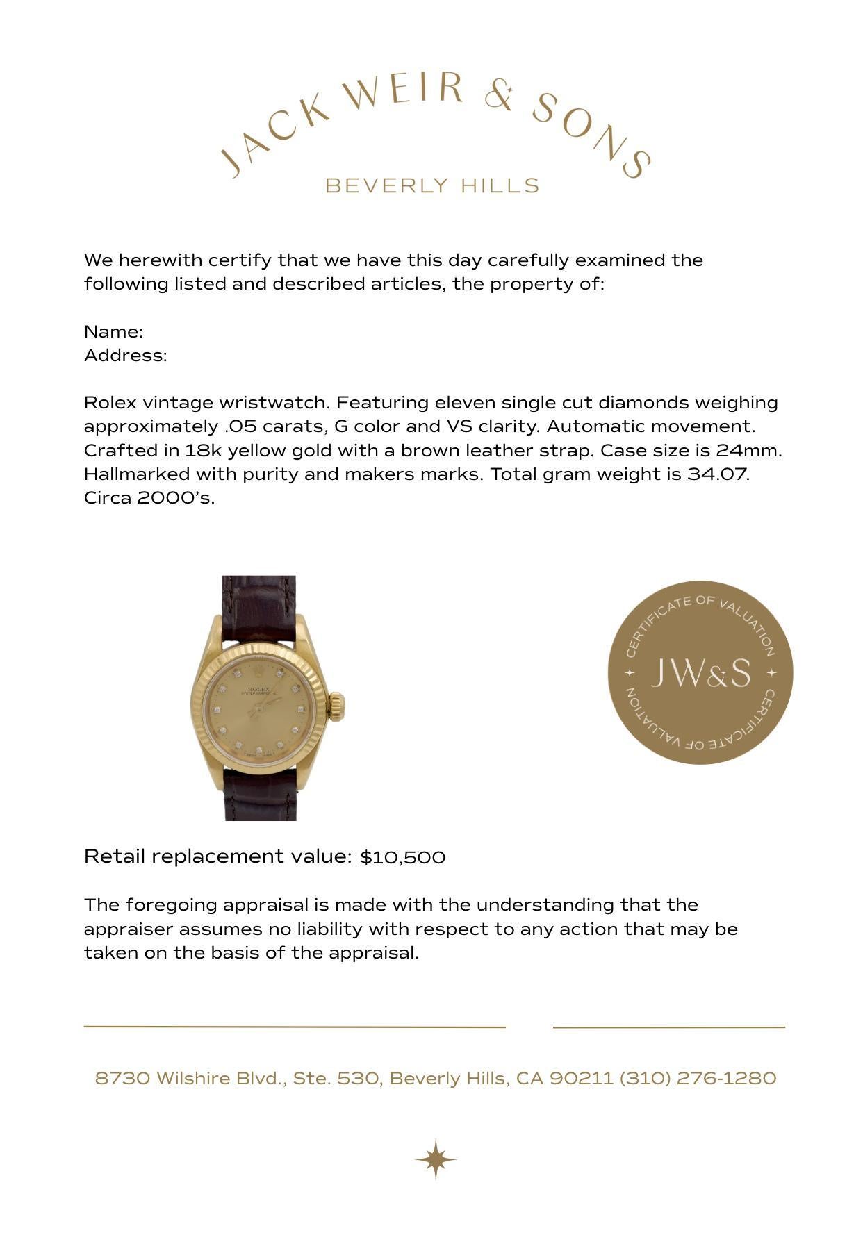 Single Cut Rolex datejust president diamond 18k yellow gold watch For Sale