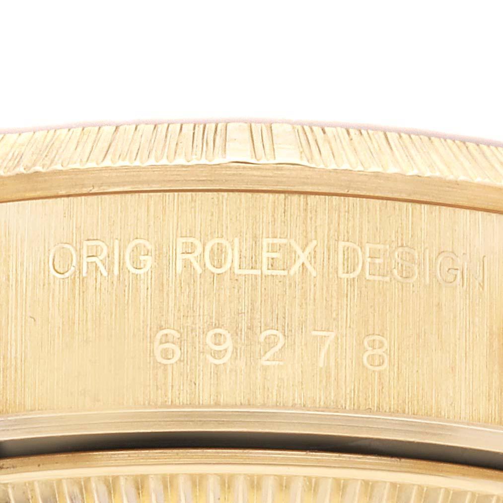 Rolex Datejust President Diamond Dial Yellow Gold Bark Finish Ladies Watch 69278. Officially certified chronometer automatic self-winding movement. 18k yellow gold oyster case 26.0 mm in diameter. Rolex logo on the crown. 18k yellow gold engine