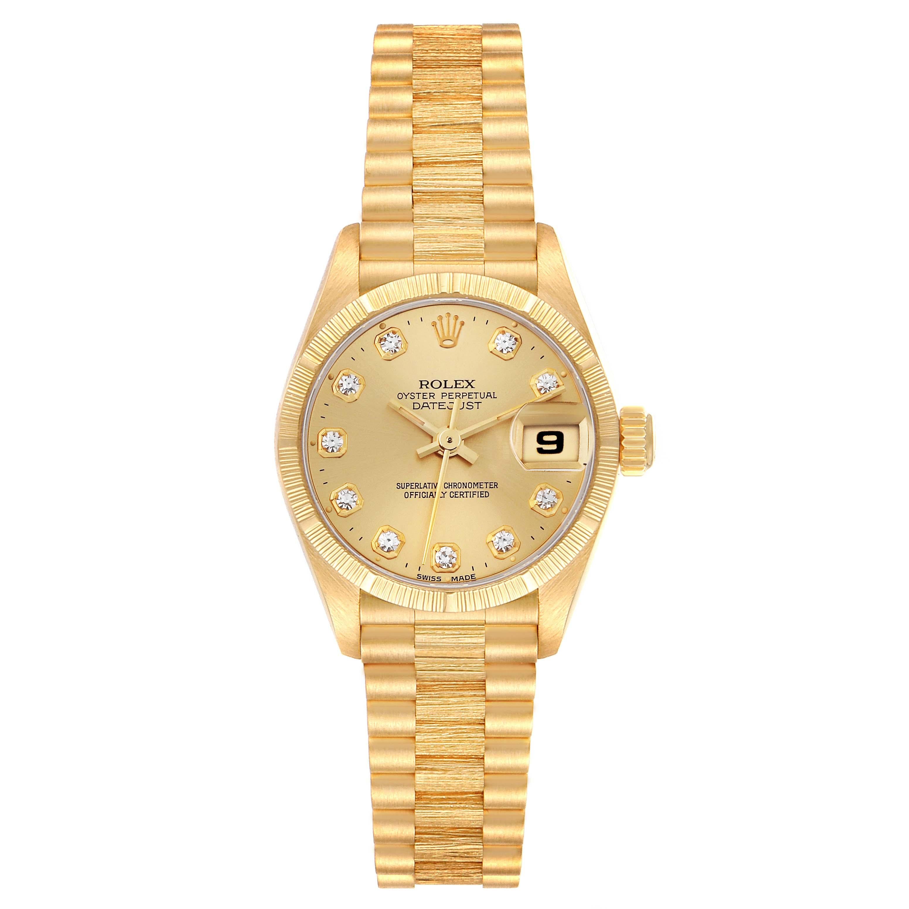 Women's Rolex Datejust President Diamond Dial Yellow Gold Bark Finish Ladies Watch 69278 For Sale