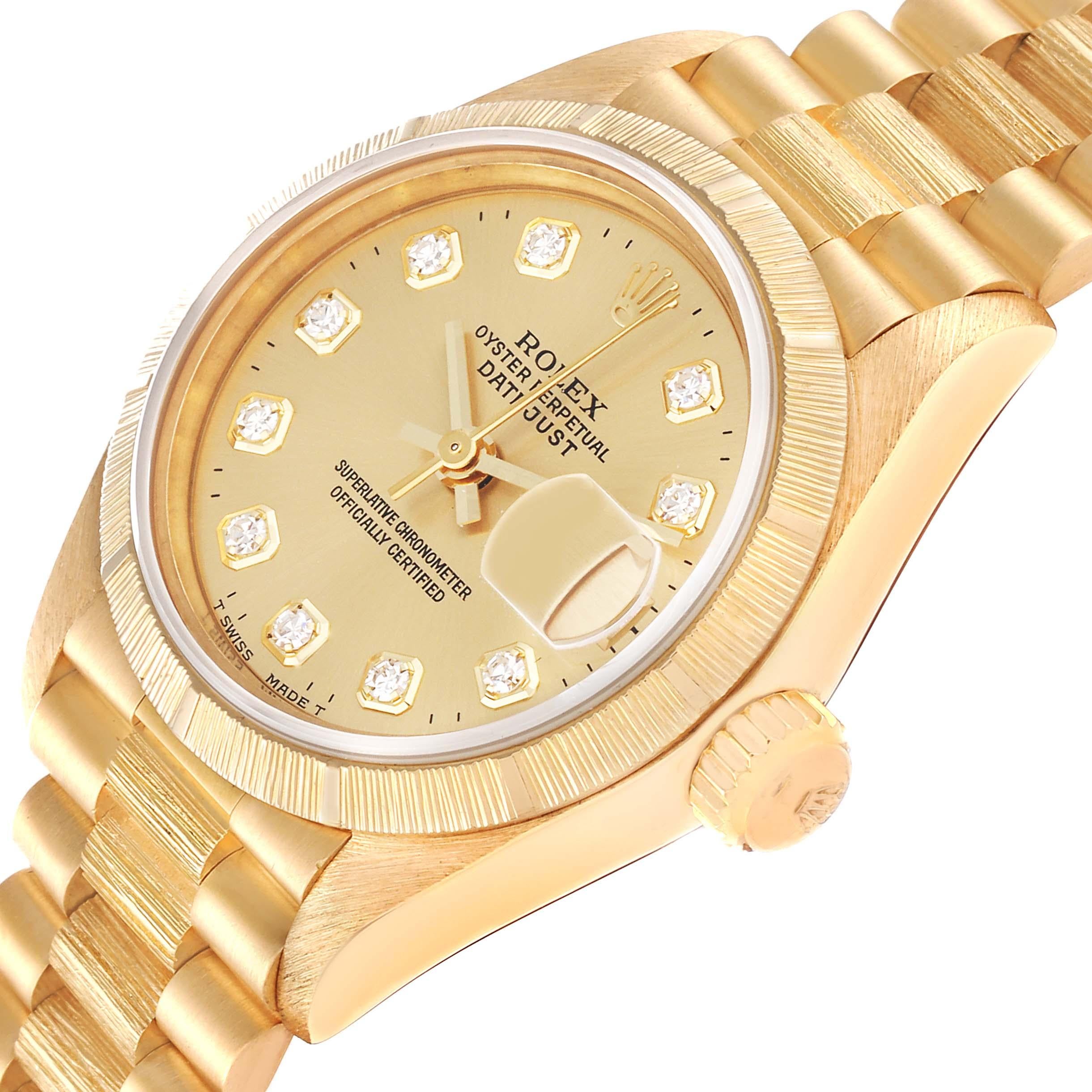 Rolex Datejust President Diamond Dial Yellow Gold Bark Finish Ladies Watch 69278 In Excellent Condition In Atlanta, GA