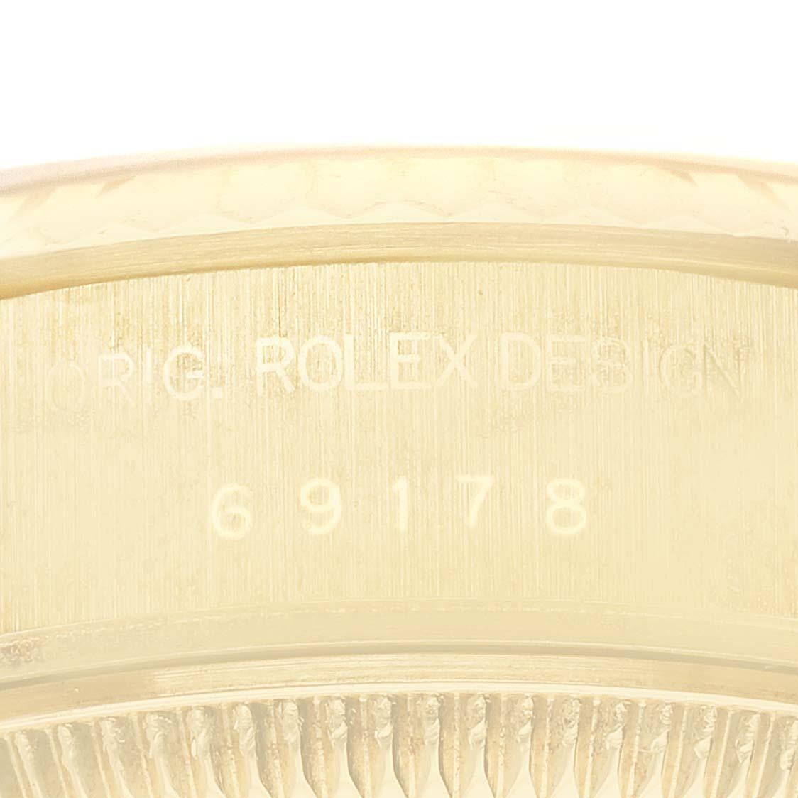 Rolex Datejust President Diamond Dial Yellow Gold Ladies Watch 69178 Box Papers. Officially certified chronometer automatic self-winding movement. 18k yellow gold oyster case 26.0 mm in diameter. Rolex logo on the crown. 18k yellow gold fluted