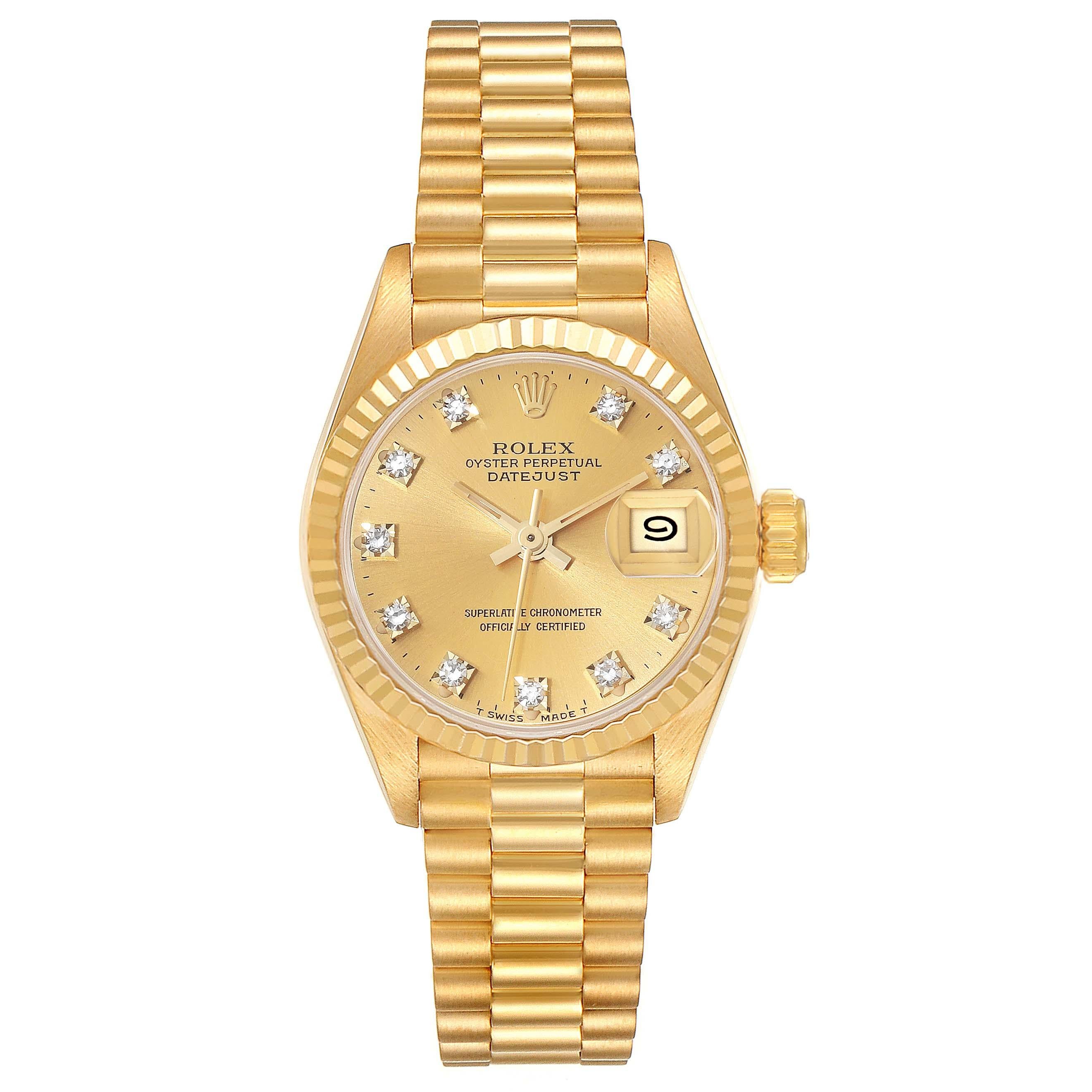 Rolex Datejust President Diamond Dial Yellow Gold Ladies Watch 69178 Box Papers. Officially certified chronometer automatic self-winding movement. 18k yellow gold oyster case 26.0 mm in diameter. Rolex logo on the crown. 18k yellow gold fluted