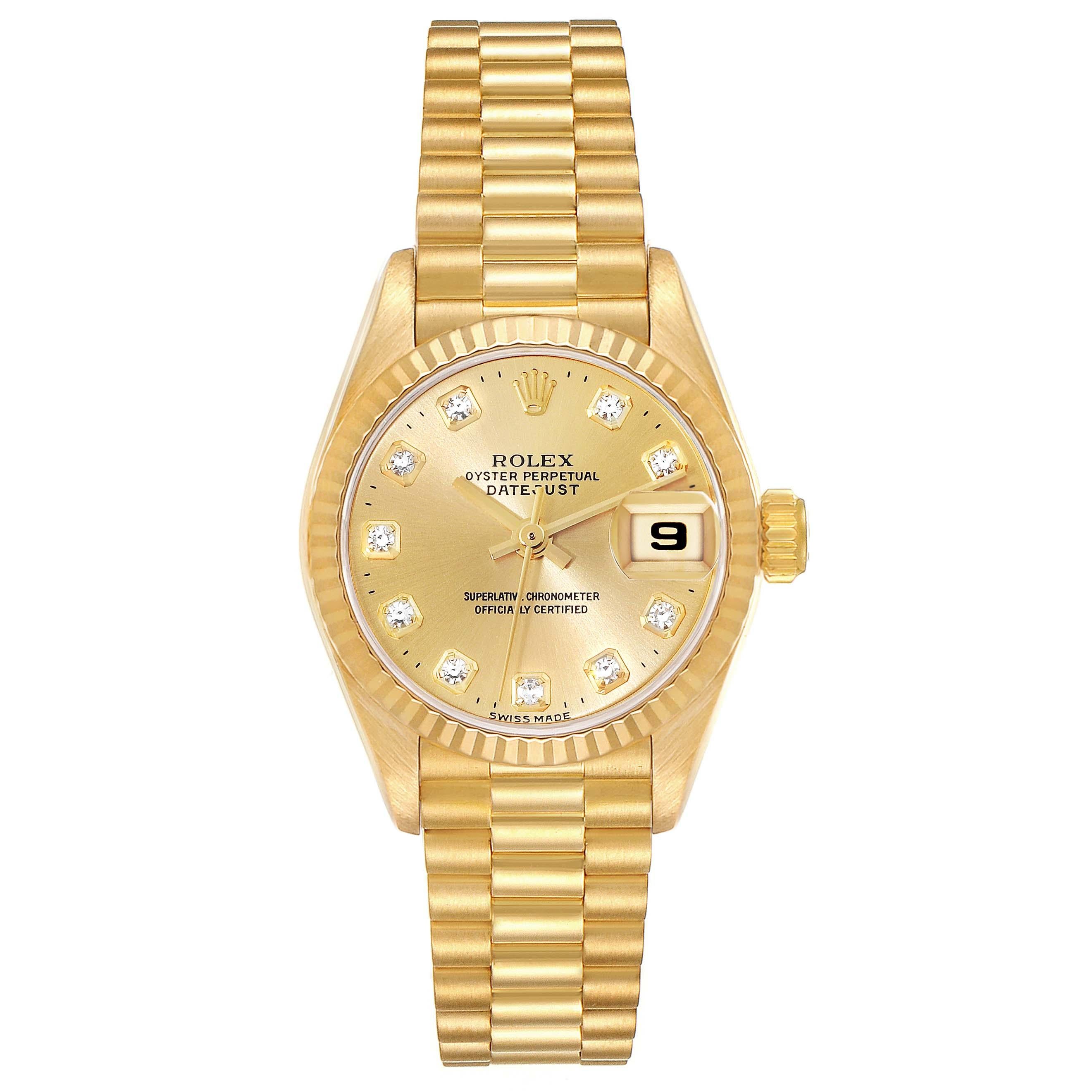 Rolex Datejust President Diamond Dial Yellow Gold Ladies Watch 69178 Box Papers In Excellent Condition For Sale In Atlanta, GA