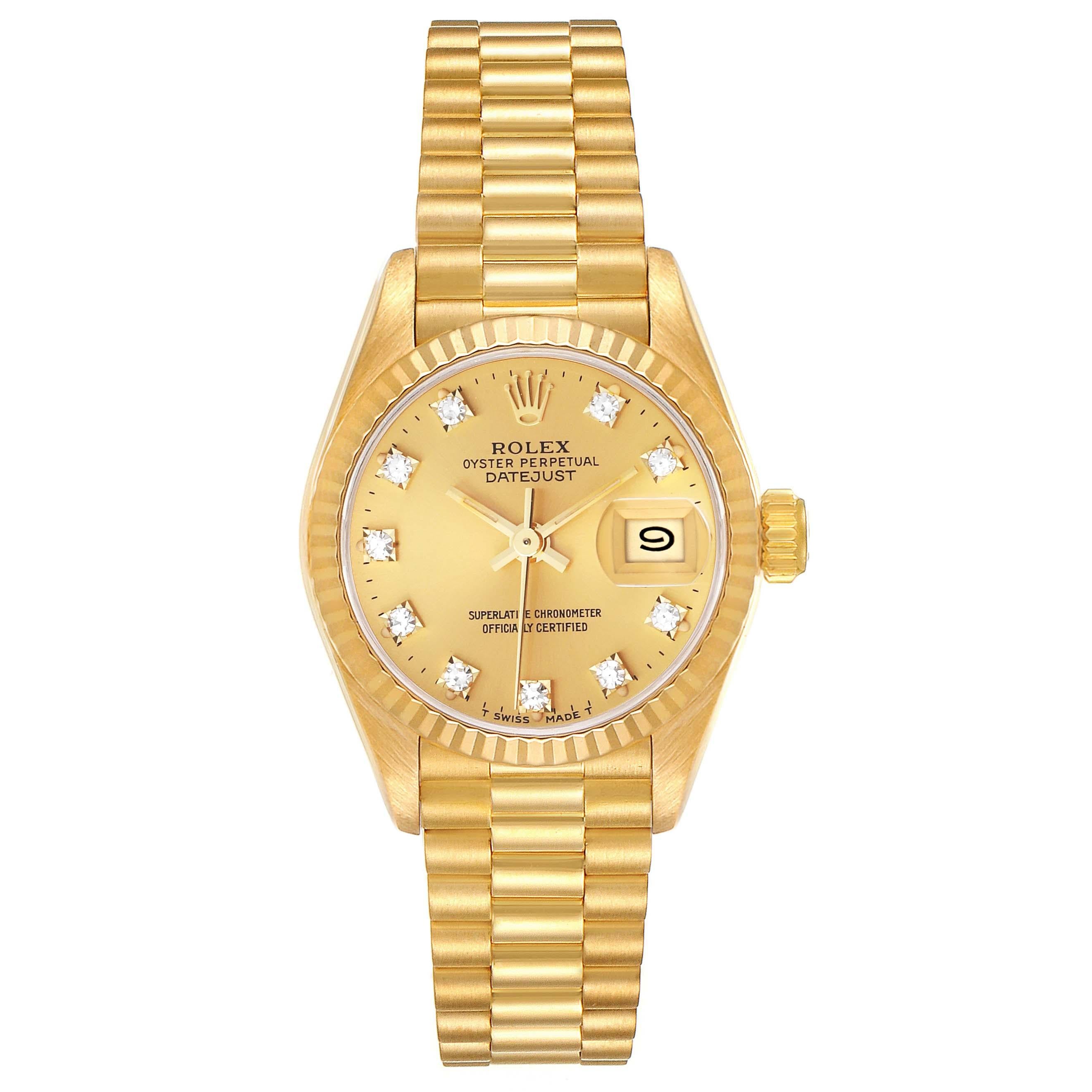 Rolex Datejust President Diamond Dial Yellow Gold Ladies Watch 69178 Box Papers In Excellent Condition In Atlanta, GA