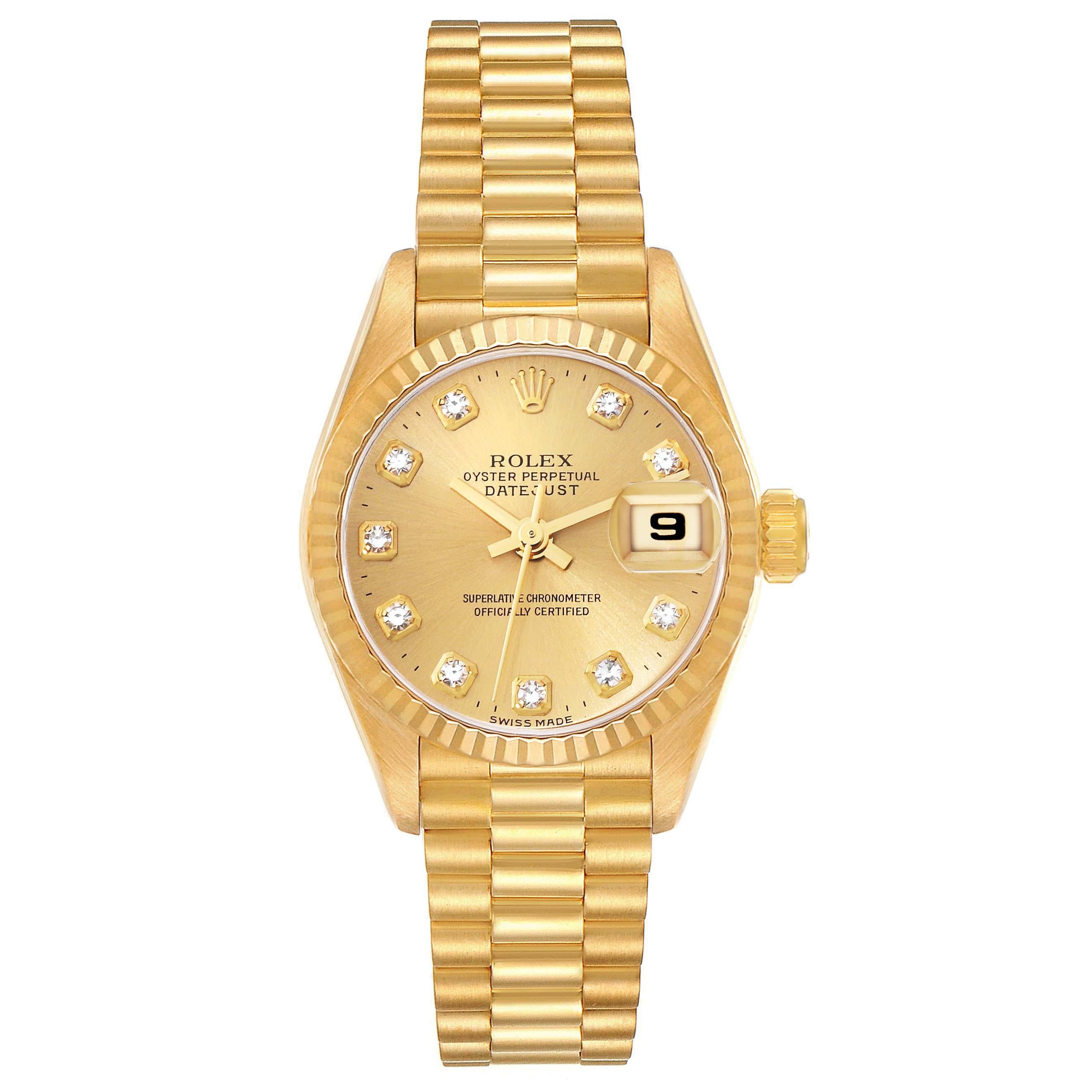Rolex Datejust President Diamond Dial Yellow Gold Ladies Watch 69178. Officially certified chronometer automatic self-winding movement. 18k yellow gold oyster case 26.0 mm in diameter. Rolex logo on the crown. 18k yellow gold fluted bezel. Scratch
