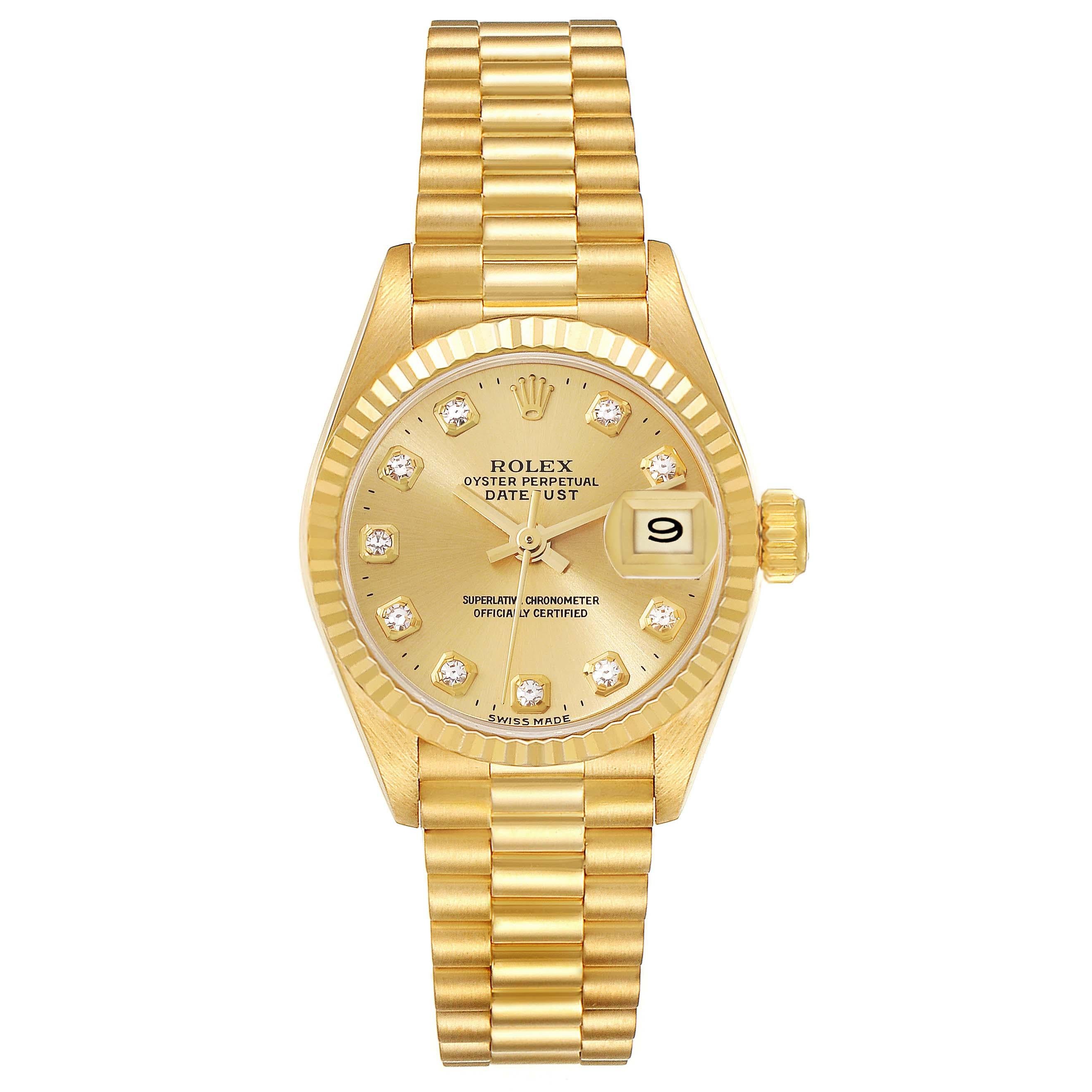 Rolex Datejust President Diamond Dial Yellow Gold Ladies Watch 69178 Papers. Officially certified chronometer automatic self-winding movement. 18k yellow gold oyster case 26.0 mm in diameter. Rolex logo on the crown. 18k yellow gold fluted bezel.