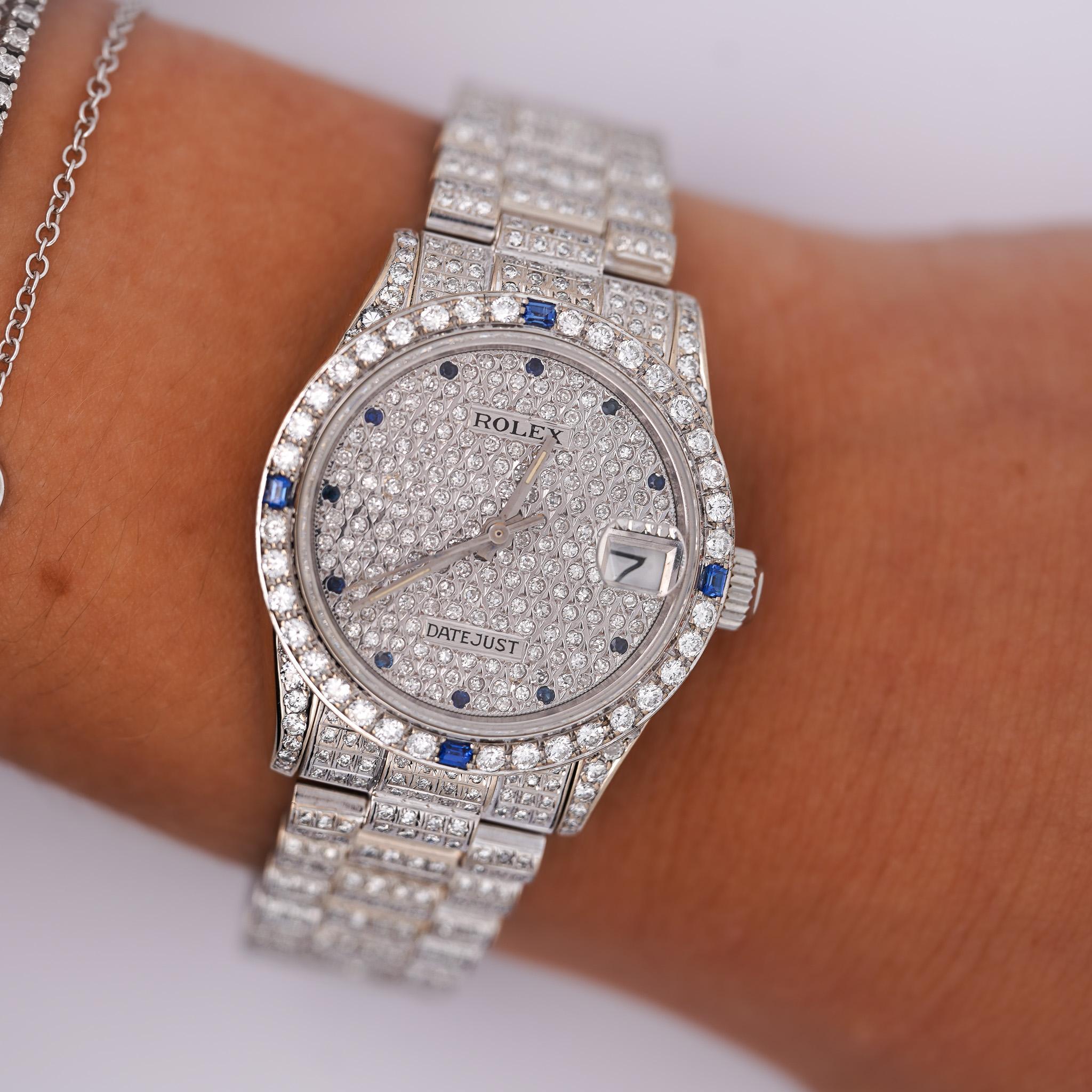 Round Cut Rolex DateJust President Diamond & Sapphire Encrusted Watch With Box For Sale