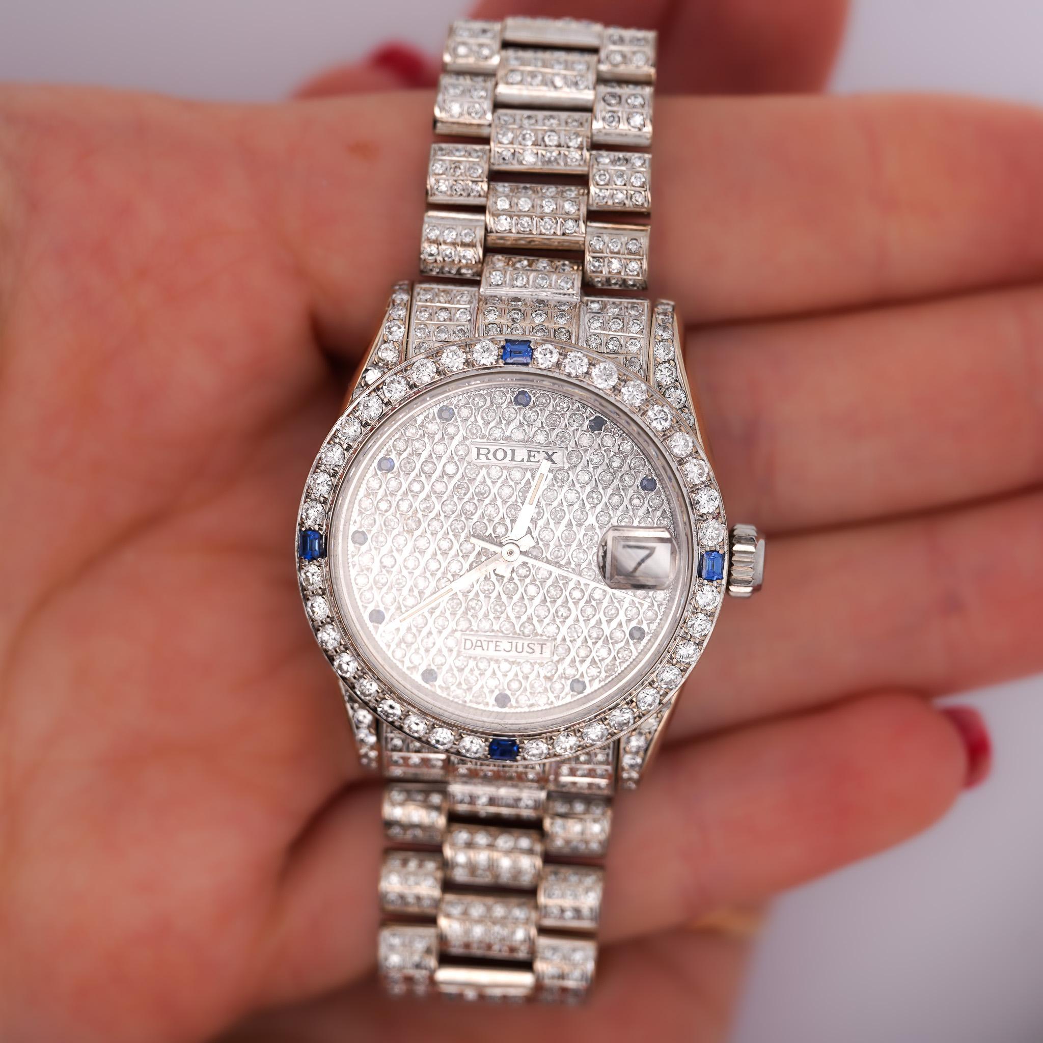 Women's Rolex DateJust President Diamond & Sapphire Encrusted Watch With Box For Sale