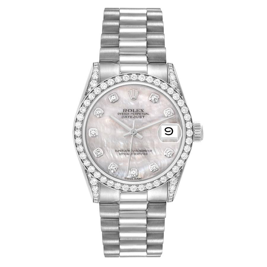 Rolex Datejust President Midsize Mother Of Pearl White Gold Diamond Ladies Watch 68159. Officially certified chronometer self-winding movement. 18k white gold oyster case 31.0 mm in diameter. Rolex logo on a crown. Original Rolex factory diamond set