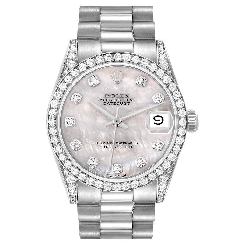 Rolex Datejust President Midsize Mother of Pearl White Gold Diamond Watch 68159