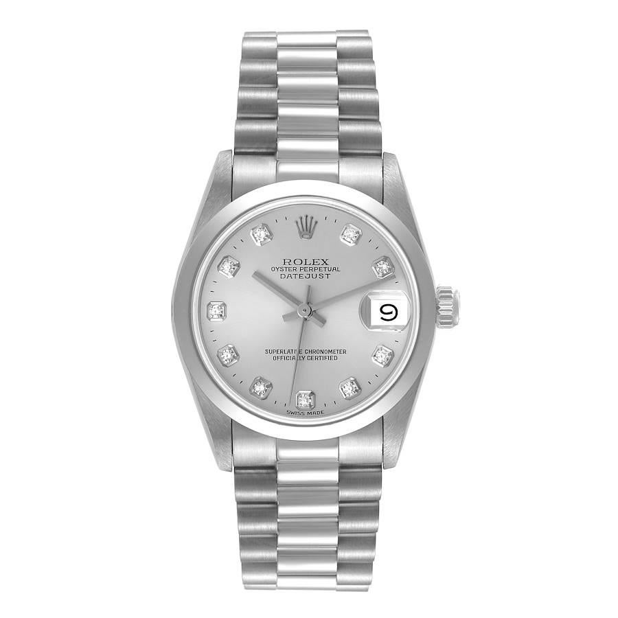 Rolex Datejust President Midsize Platinum Silver Diamond Dial Ladies Watch 68246. Officially certified chronometer automatic self-winding movement. Platinum oyster case 31.0 mm in diameter. Rolex logo on the crown. Platinum smooth bezel. Scratch