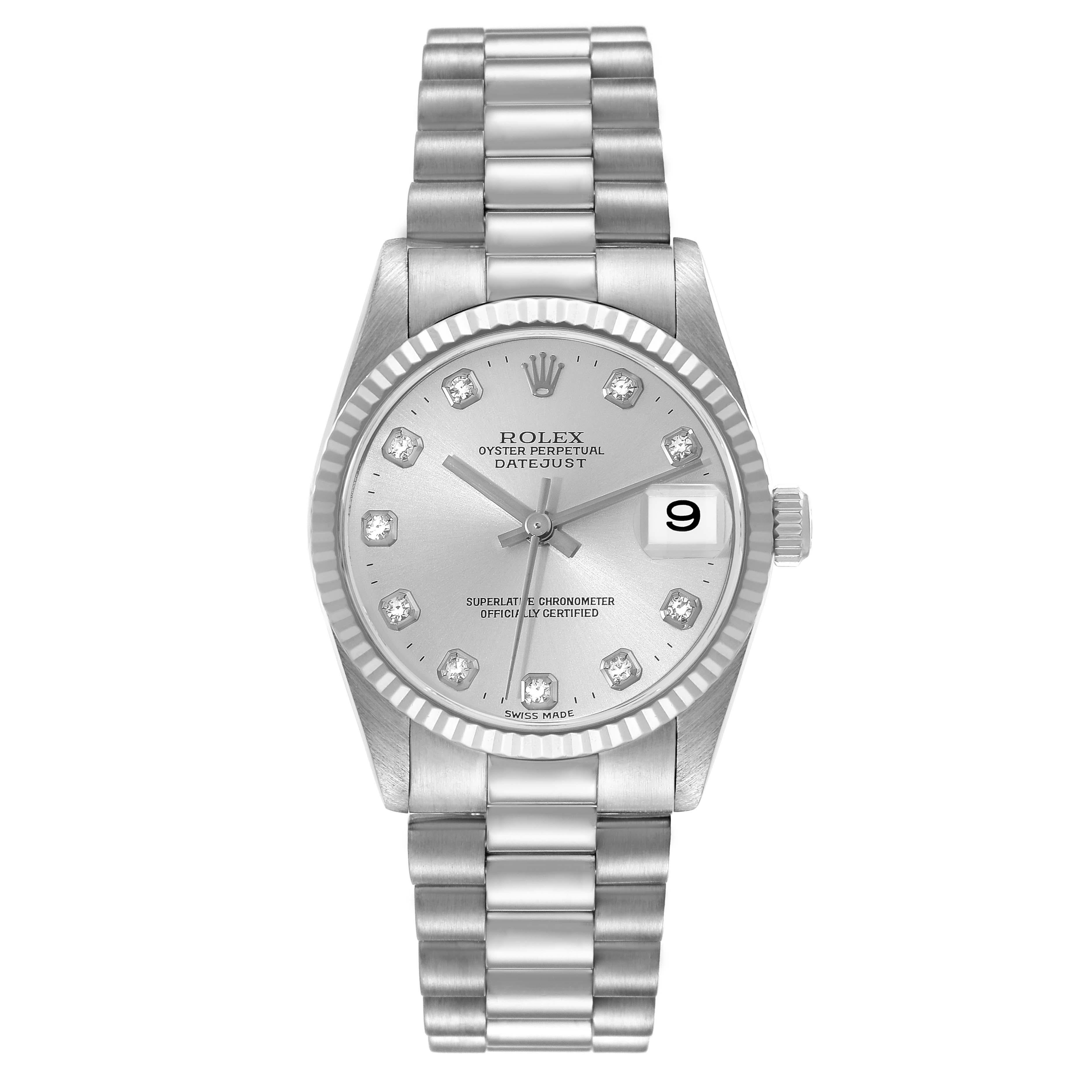 Rolex Datejust President Midsize White Gold Diamond Ladies Watch 78279. Officially certified chronometer self-winding movement. 18k white gold oyster case 31.0 mm in diameter. Rolex logo on a crown. 18k white gold fluted bezel. Scratch resistant