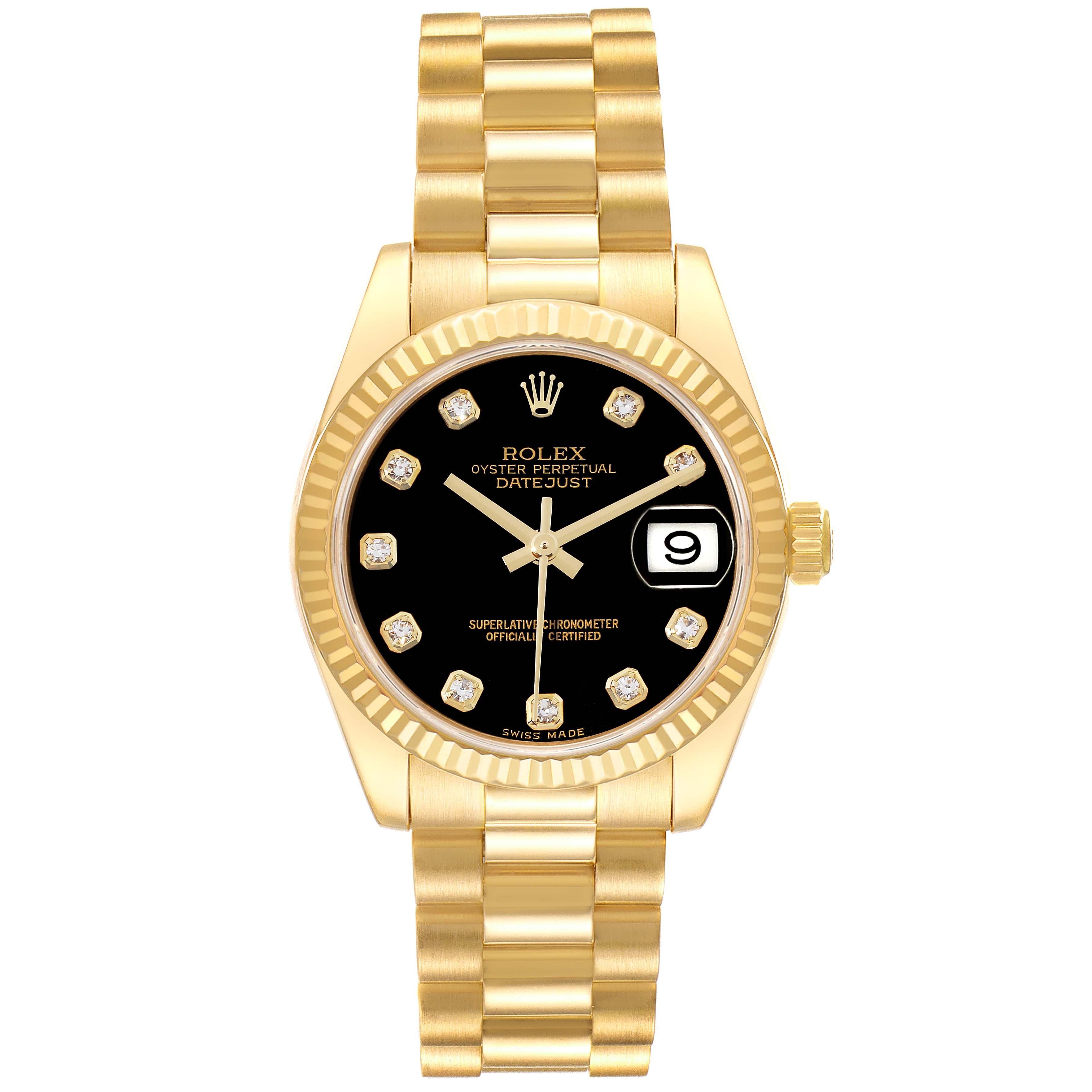 Rolex Datejust President Midsize Yellow Gold Diamond Dial Ladies Watch 178278. Officially certified chronometer automatic self-winding movement. 18k yellow gold oyster case 31.0 mm in diameter. Rolex logo on the crown. 18k yellow gold fluted bezel.