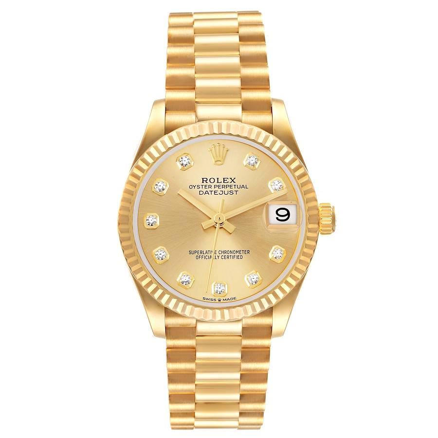 Rolex Datejust President Midsize Yellow Gold Diamond Watch 278278 Box Card. Officially certified chronometer automatic self-winding movement. 18k yellow gold oyster case 31.0 mm in diameter. Rolex logo on the crown. 18k yellow gold fluted bezel.