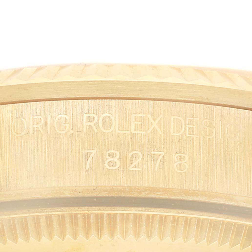 Rolex Datejust President Midsize Gelbgold Damenuhr 78278. Offiziell zertifiziertes Chronometerwerk mit automatischem Aufzug. Oyster-Gehäuse aus 18 Karat Gelbgold mit einem Durchmesser von 31,0 mm. Rolex Logo auf einer Krone. Geriffelte Lünette aus