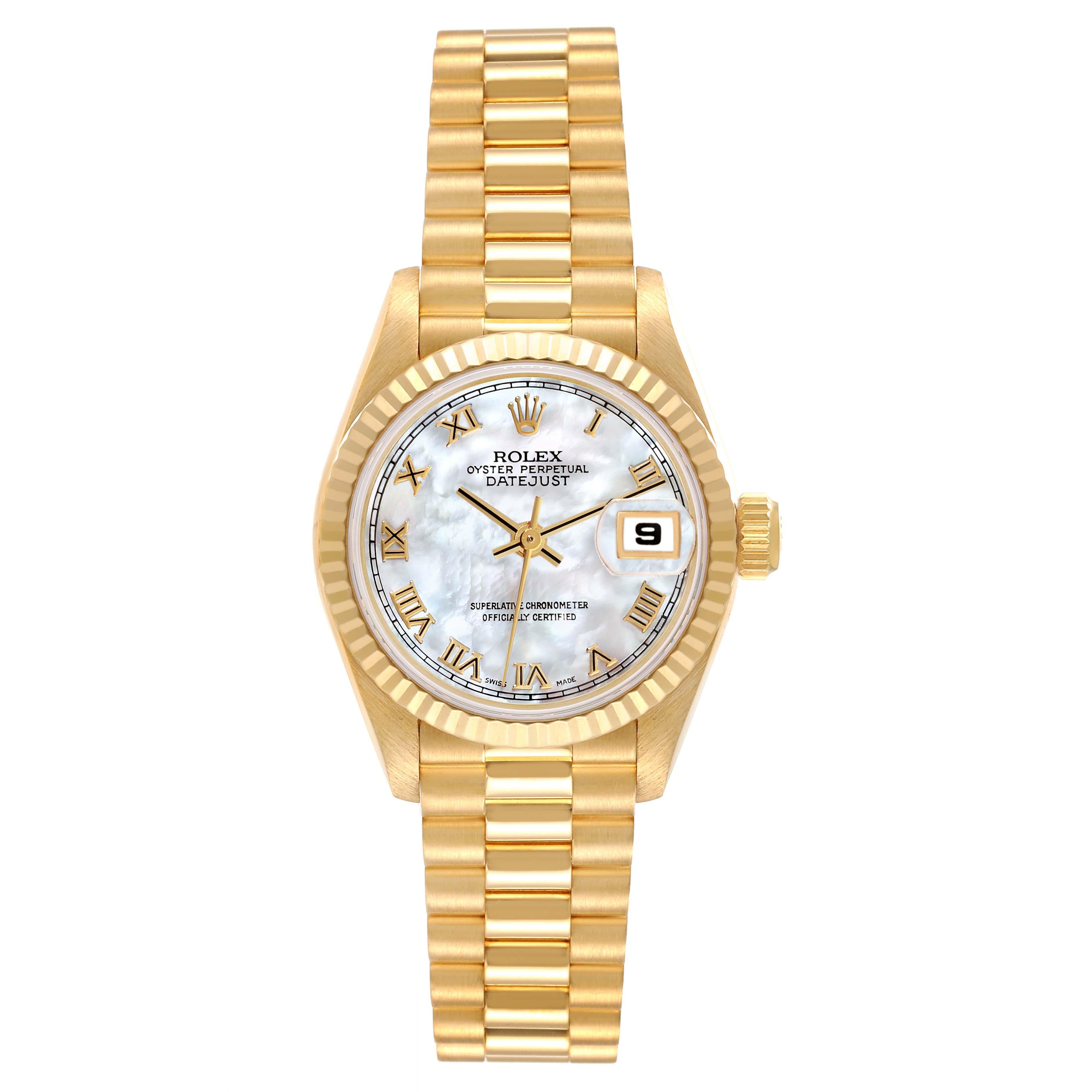 Rolex Datejust President Mother Of Pearl Dial Yellow Gold Ladies Watch 69178. Officially certified chronometer automatic self-winding movement. 18k yellow gold oyster case 26.0 mm in diameter. Rolex logo on the crown. 18k yellow gold fluted bezel.