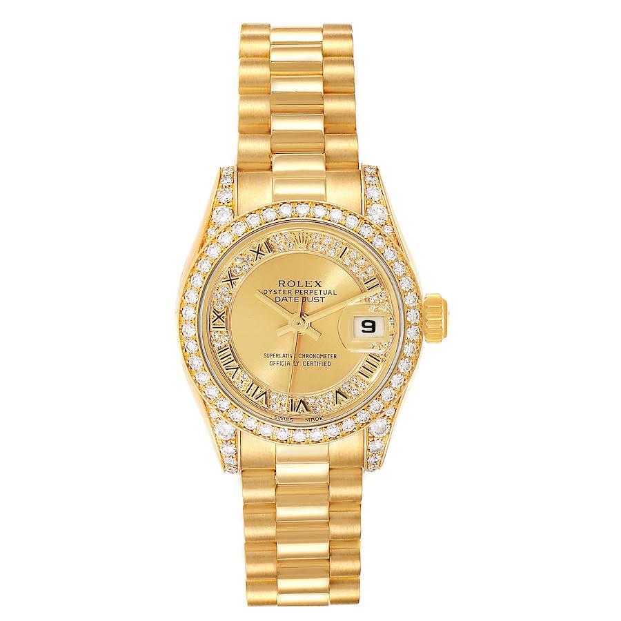 Rolex Datejust President Myriad Dial Diamond Bezel Ladies Watch 179158. Officially certified chronometer automatic self-winding movement. 18k yellow gold oyster case 26.0 mm in diameter. Rolex logo on the crown. Original Rolex factory diamond lugs.