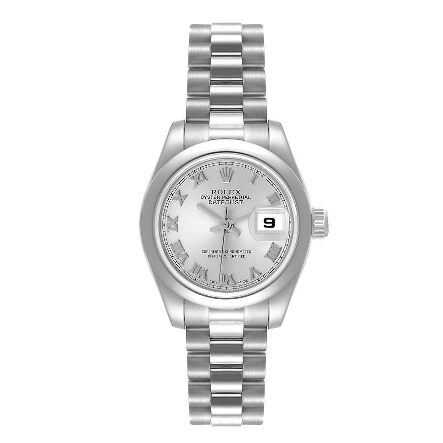 Rolex Datejust President Platinum Silver Dial Ladies Watch 179166 Box Papers. Officially certified chronometer automatic self-winding movement. Platinum oyster case 26.0 mm in diameter. Rolex logo on the crown. Platinum smooth bezel. Scratch