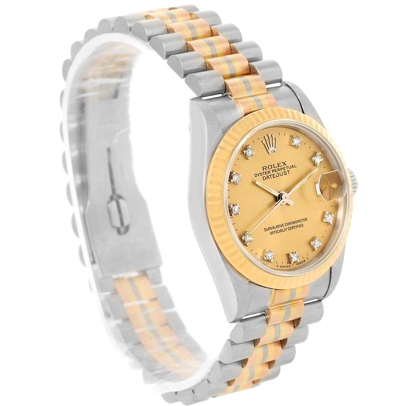 Rolex Datejust President Tridor 18k Gold Diamond Midsize Watch 68279. Officially certified chronometer self-winding movement. 18k white gold oyster case 31.0 mm in diameter. Rolex logo on a crown. Scratch resistant sapphire crystal with cyclops
